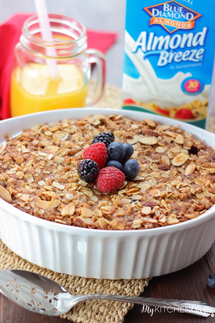 Almond Berry Baked Oatmeal ~ mykitchencraze.com ~ Perfect for those mornings where you want something hearty and delicious. Packed with mixed fruits and almonds. This is one yummy breakfast!