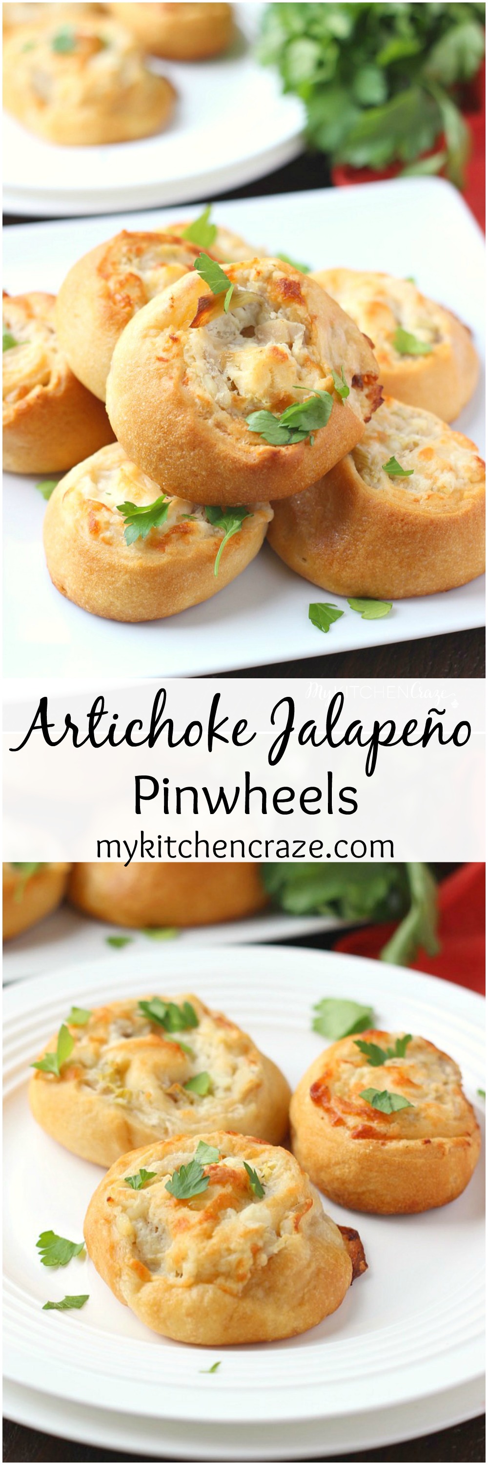 Artichoke Jalapeño Pinwheels ~ mykitchencraze.com ~ Perfect appetizer or snack for any occasion. Crescent dough loaded with chicken, cheese and La Terra Fina artichoke jalapeño spread. @LaTerraFina