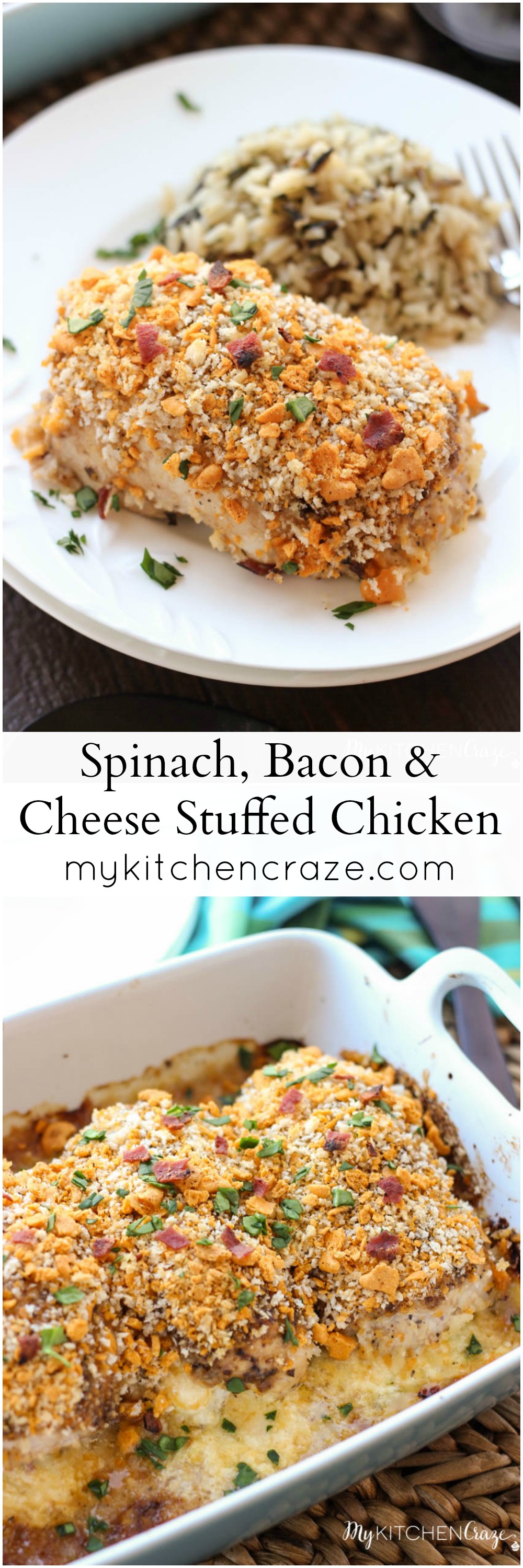 Spinach, Bacon & Cheese Stuffed Chicken ~ mykitchencraze.com ~ This Stuffed Chicken is a savory and delicious meal. Packed with spinach, bacon and cheese then topped with a crunchy topping. This dish is a sure crowd pleaser.