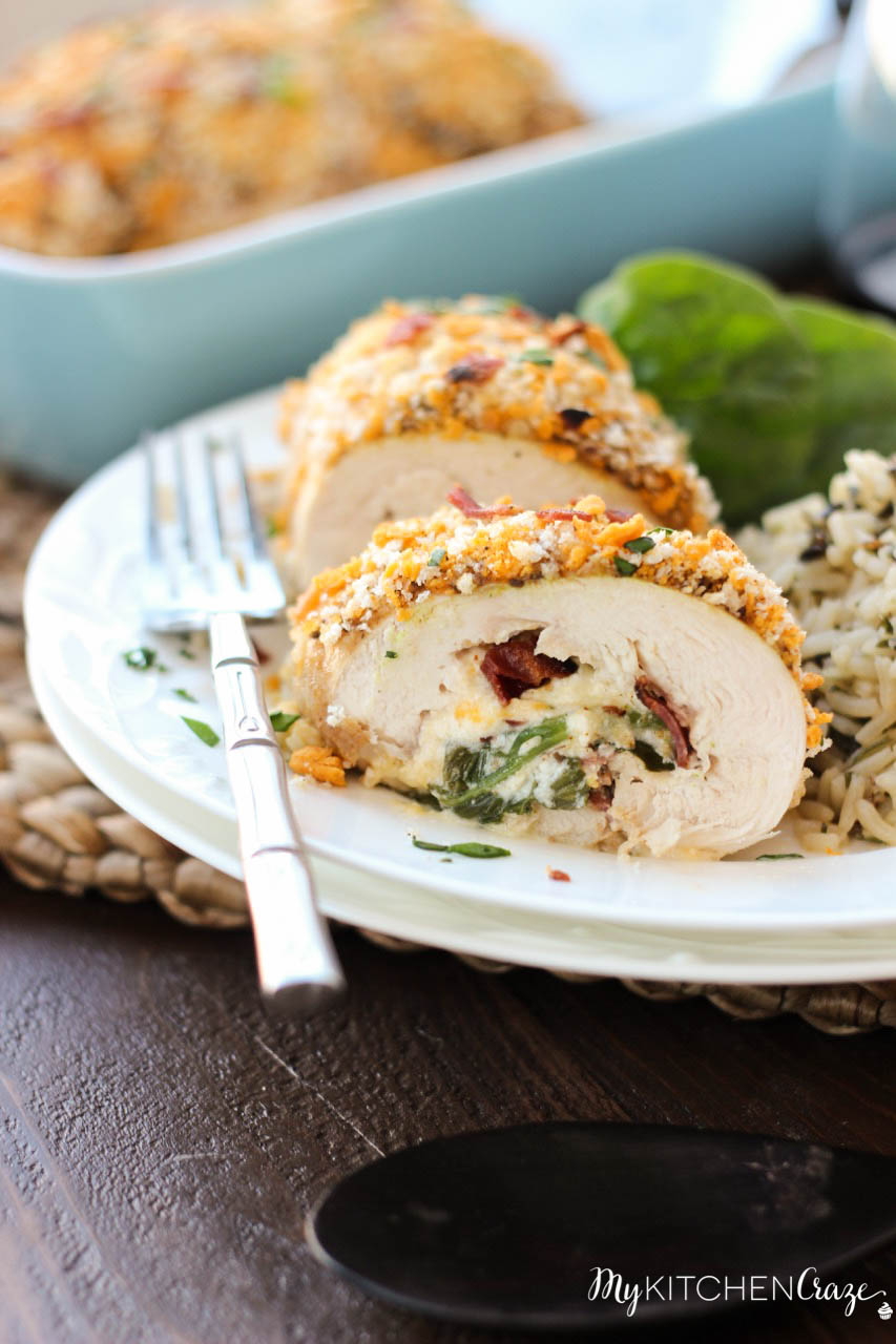 Spinach, Bacon & Cheese Stuffed Chicken ~ mykitchencraze.com ~ This Stuffed Chicken is a savory and delicious meal. Packed with spinach, bacon and cheese then topped with a crunchy topping. This dish is a sure crowd pleaser.