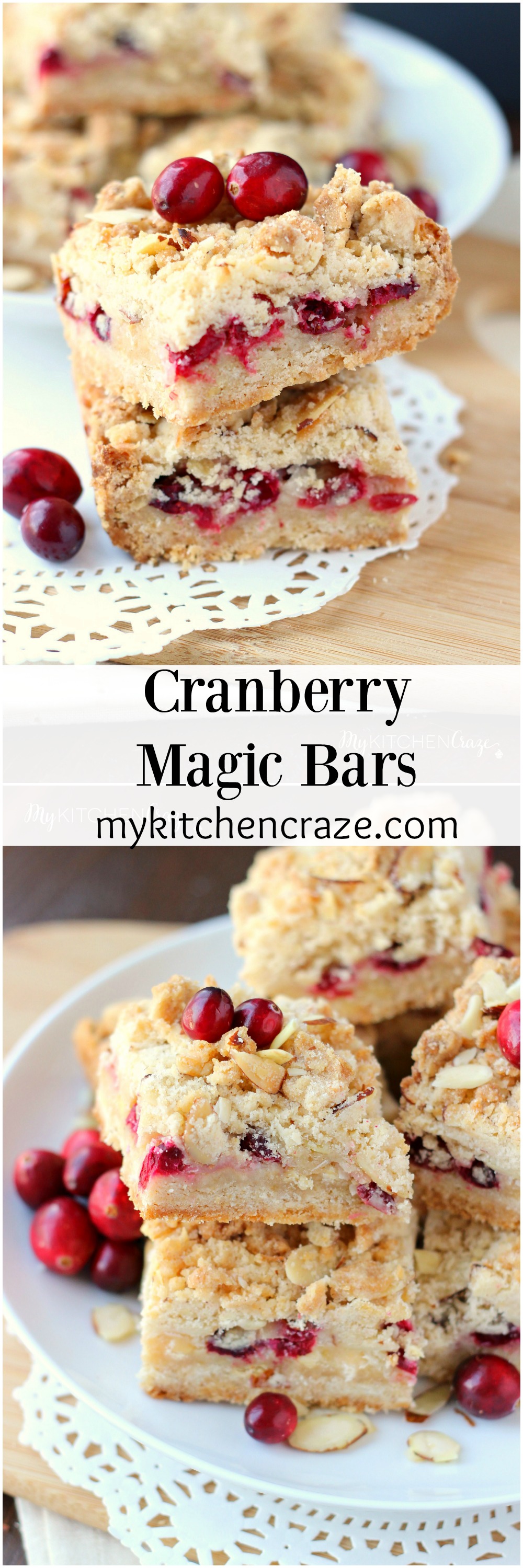 Cranberry Magic Bars ~ mykitchencraze.com ~ A twist on the classic magic bars. These have layers of white chocolate chips, flakey coconut, condensed milk and fresh cranberries. These magic bars will be gone before you know it!