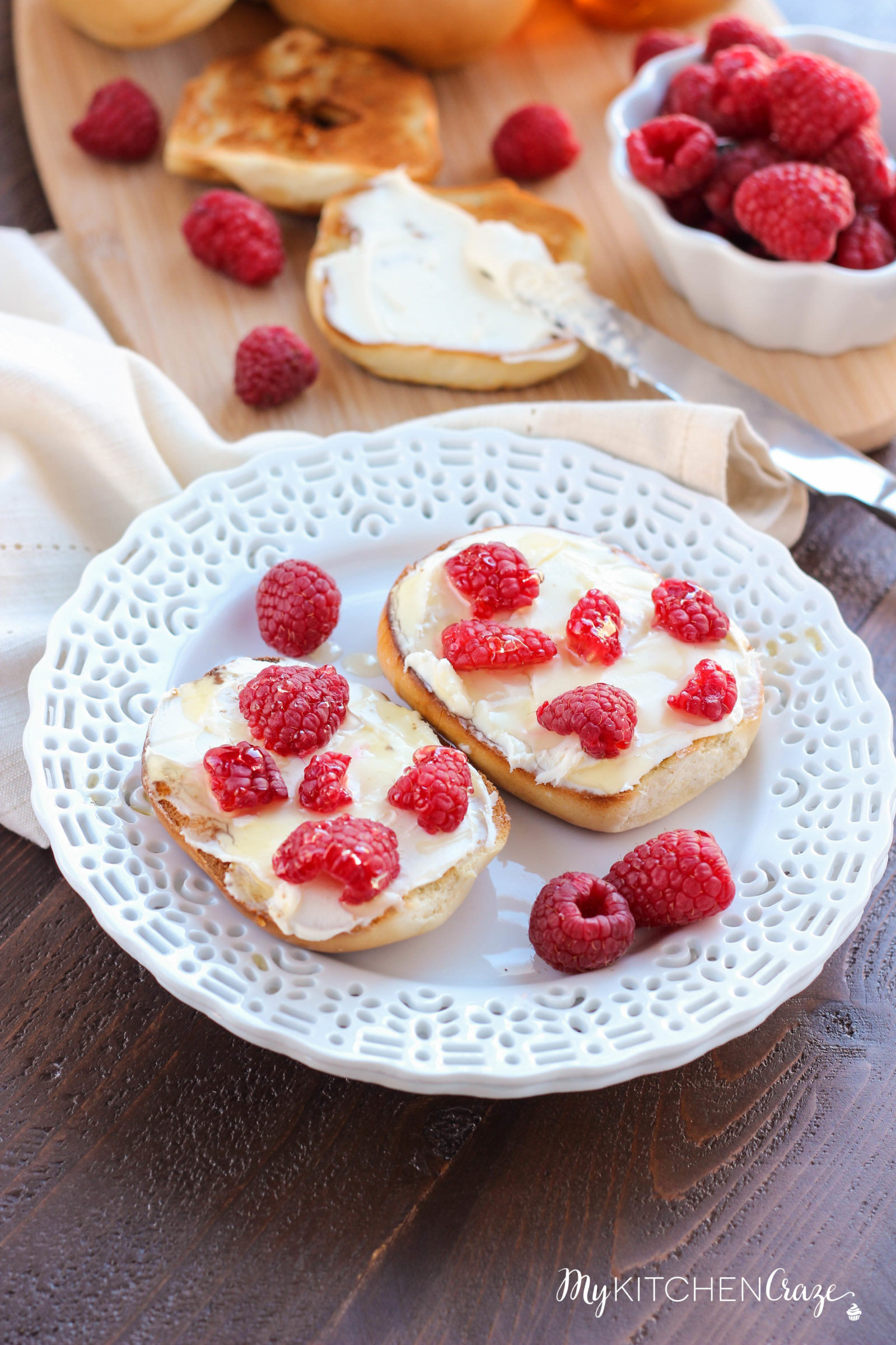 Honey Raspberry Bagels ~ mykitchencraze.com ~ Enjoy these easy 4 ingredient bagels for a quick breakfast or dessert. Loaded with mascarpone cheese, raspberries and honey. These bagels will be gone before you know it.