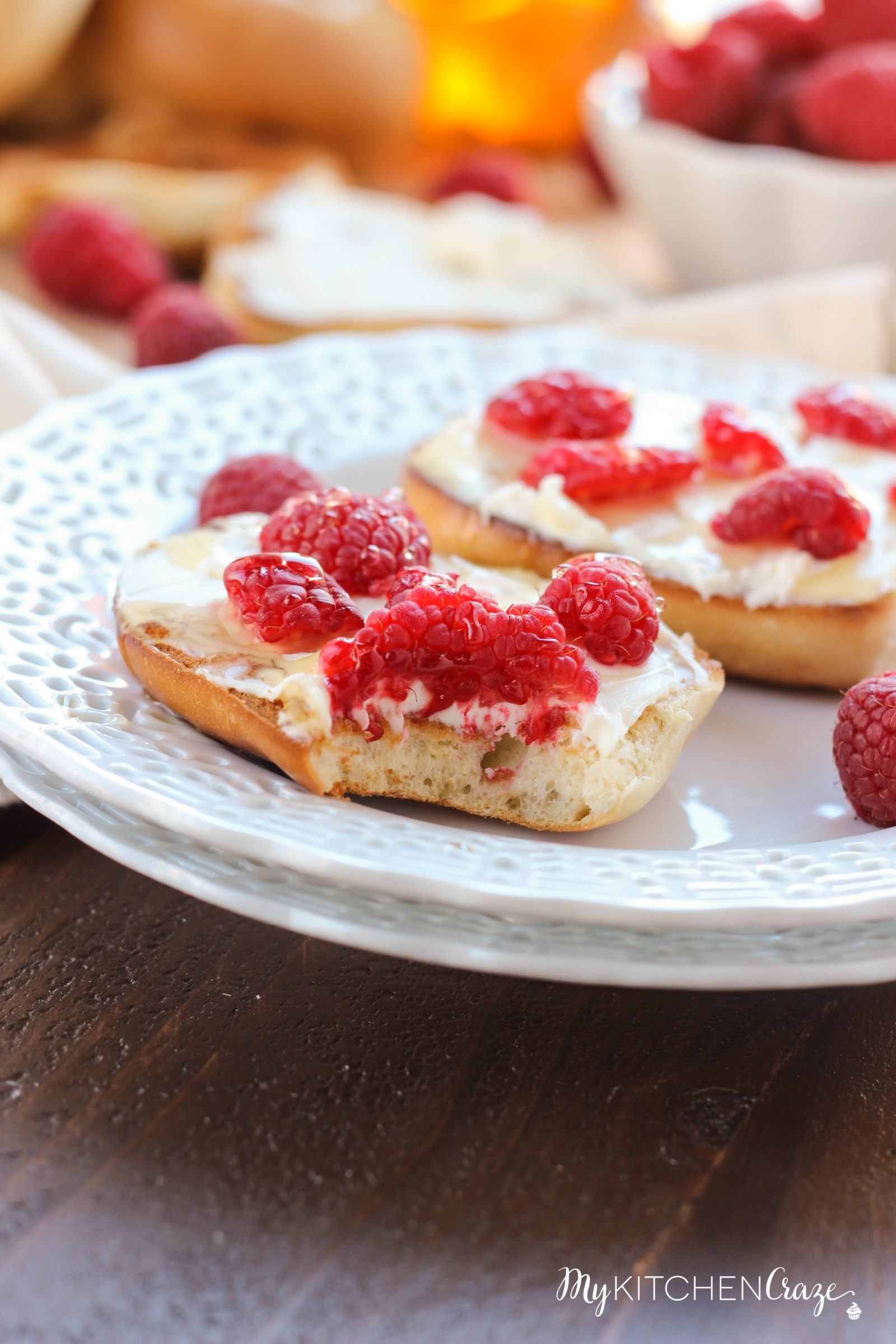 Honey Raspberry Bagels ~ mykitchencraze.com ~ Enjoy these easy 4 ingredient bagels for a quick breakfast or dessert. Loaded with mascarpone cheese, raspberries and honey. These bagels will be gone before you know it.