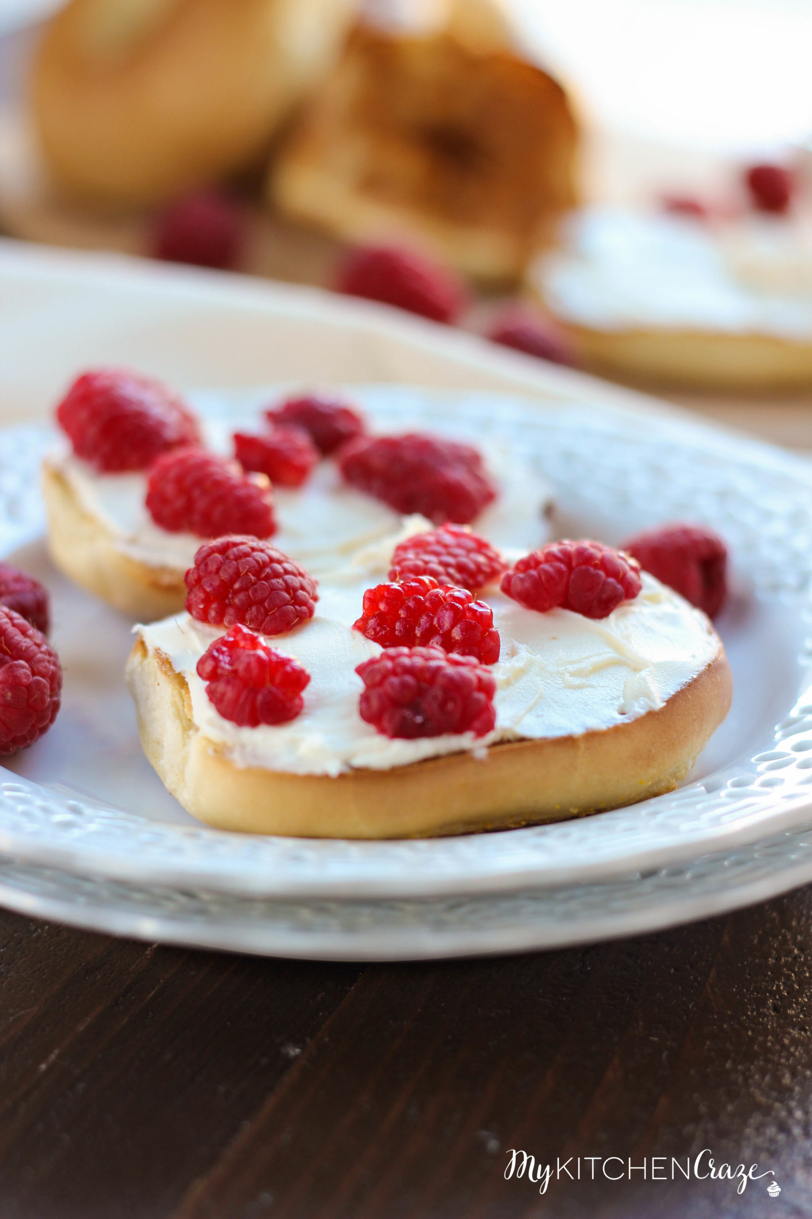 Honey Raspberry Bagels ~ mykitchencraze.com ~ Enjoy these easy 4 ingredient bagels for a quick breakfast or dessert. Loaded with mascarpone cheese, raspberries and honey. These bagels will be gone before you know it.