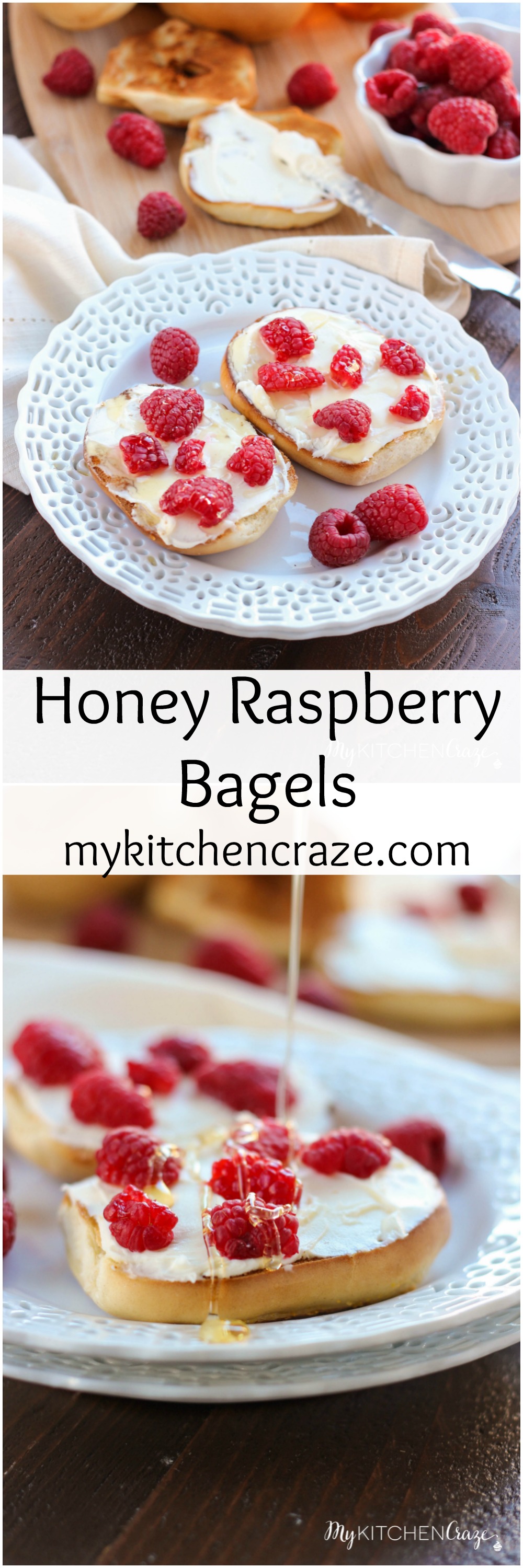 Honey Raspberry Bagels ~ mykitchencraze.com ~ Enjoy these easy 4 ingredient bagels for a quick breakfast or dessert. Loaded with mascarpone cheese, raspberries and honey. These bagels will be gone before you know it.