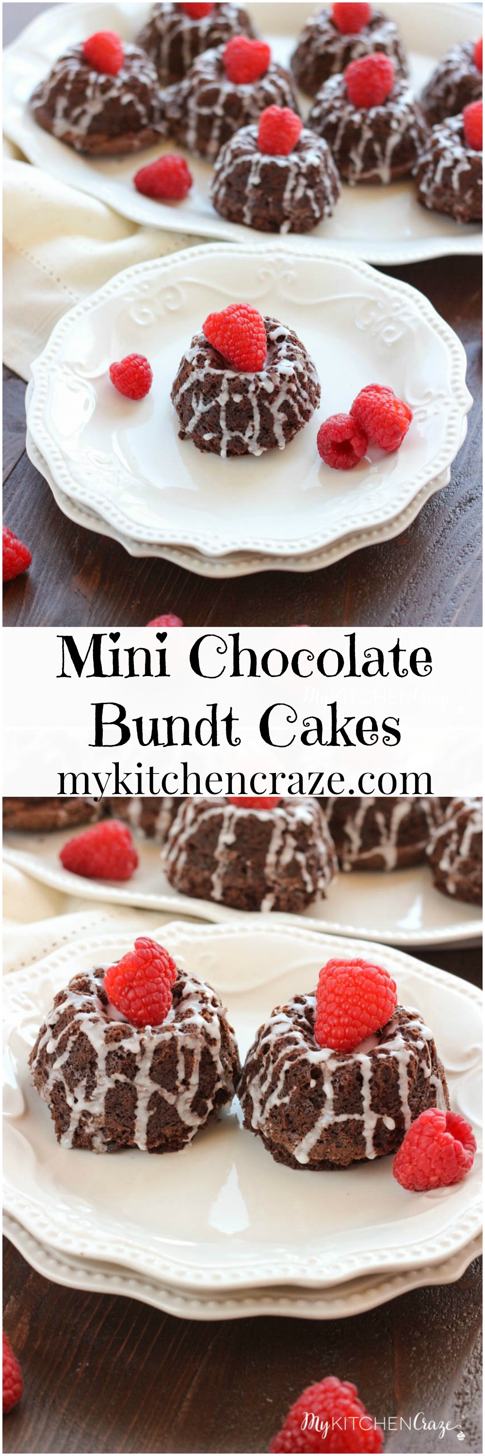 Mini Chocolate Bundt Cakes ~ mykitchencraze.com ~ Moist chocolate cake topped off with a vanilla glaze and raspberry. Perfect for a special gathering or any occasion.