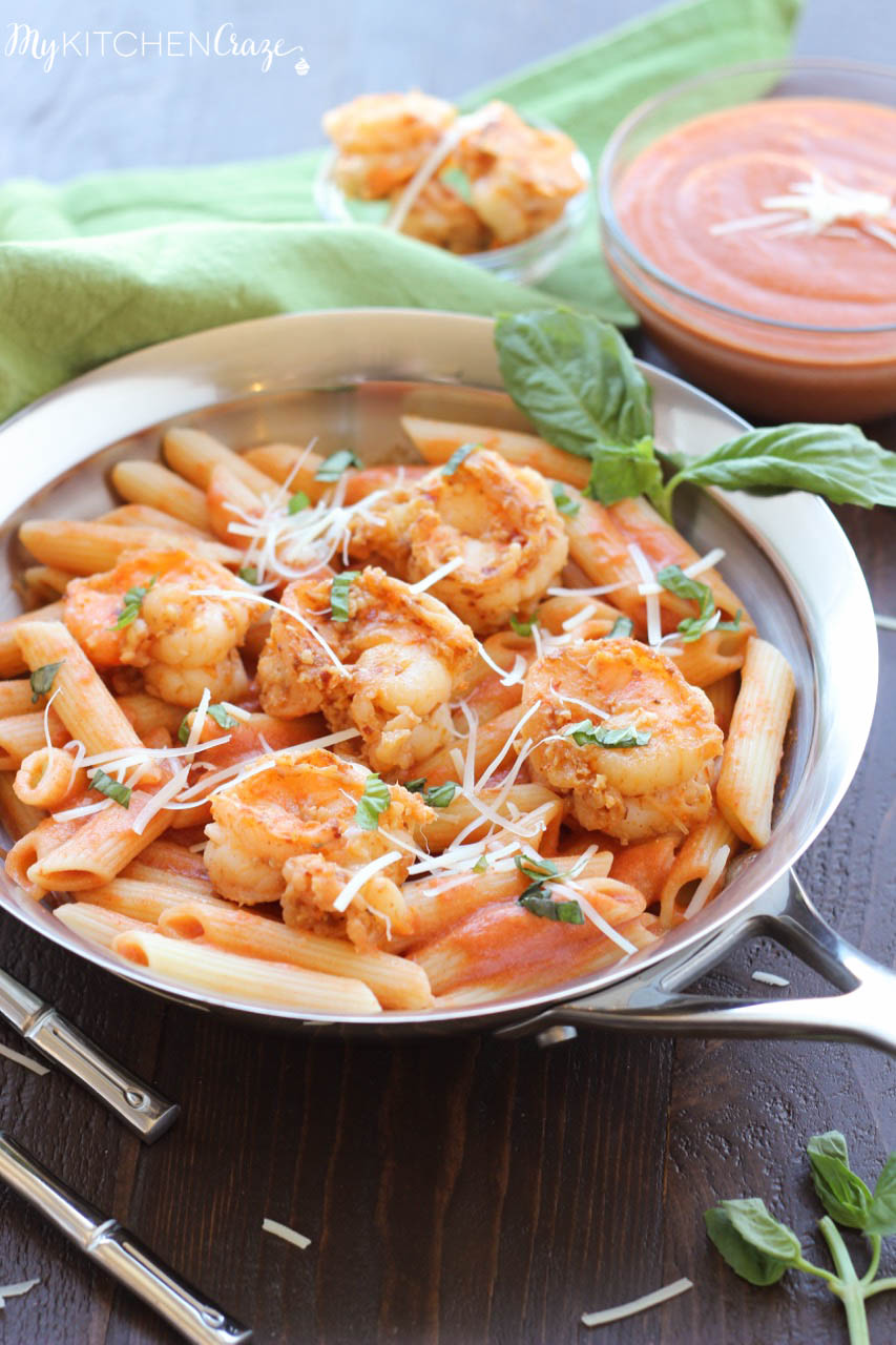 Shrimp & Vodka Penne Pasta ~ mykitchencraze.com ~ Succulent shrimp tossed with a decadent vodka penne pasta. All made within 30 minutes. Yum!