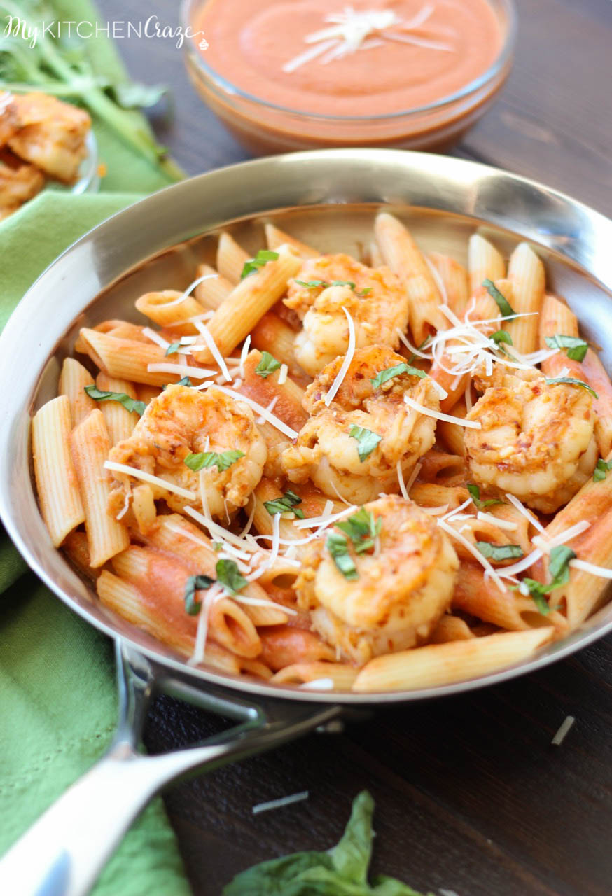 Shrimp & Vodka Penne Pasta ~ mykitchencraze.com ~ Succulent shrimp tossed with a decadent vodka penne pasta. All made within 30 minutes. Yum!