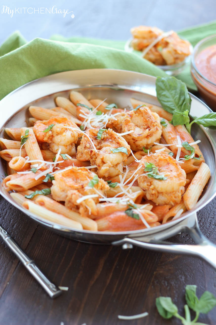 Shrimp & Vodka Penne Pasta ~ mykitchencraze.com ~ Succulent shrimp tossed with a decadent vodka penne pasta. All made within 30 minutes. Yum!