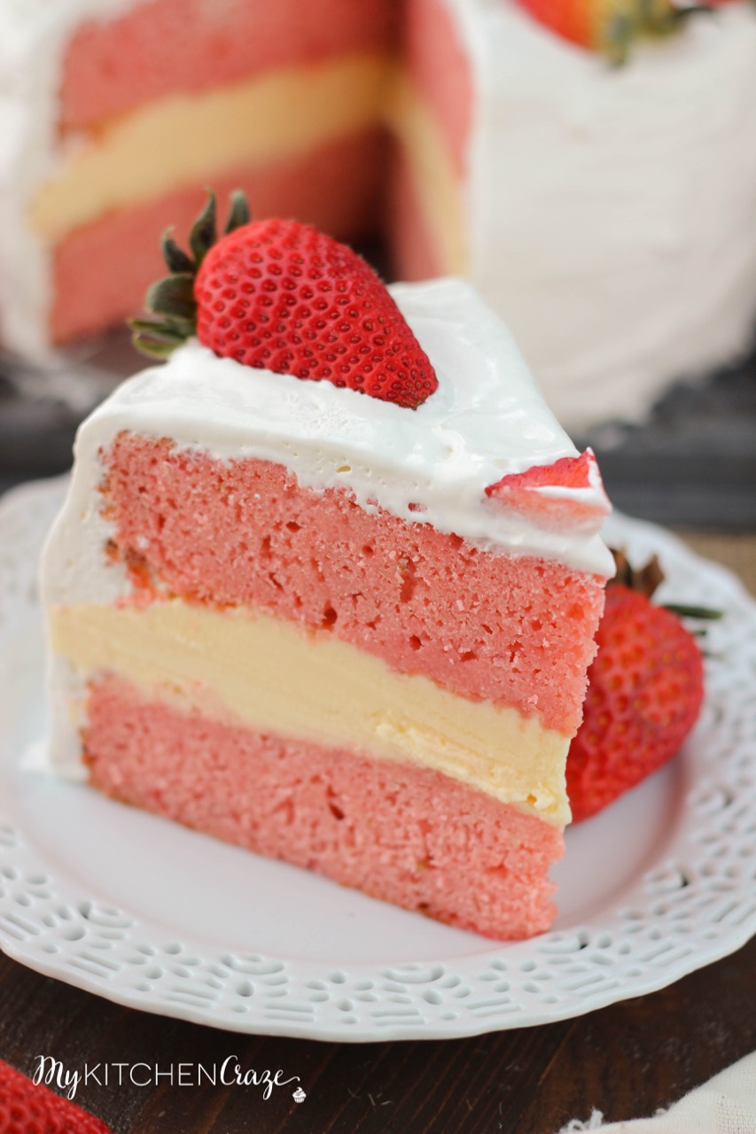 Strawberry Ice Cream Cake ~ mykitchencraze.com ~ Make your own delicious ice cream cake right in the comfort of your own home. Homemade strawberry cake layered with vanilla ice cream. All in one yummy bite.