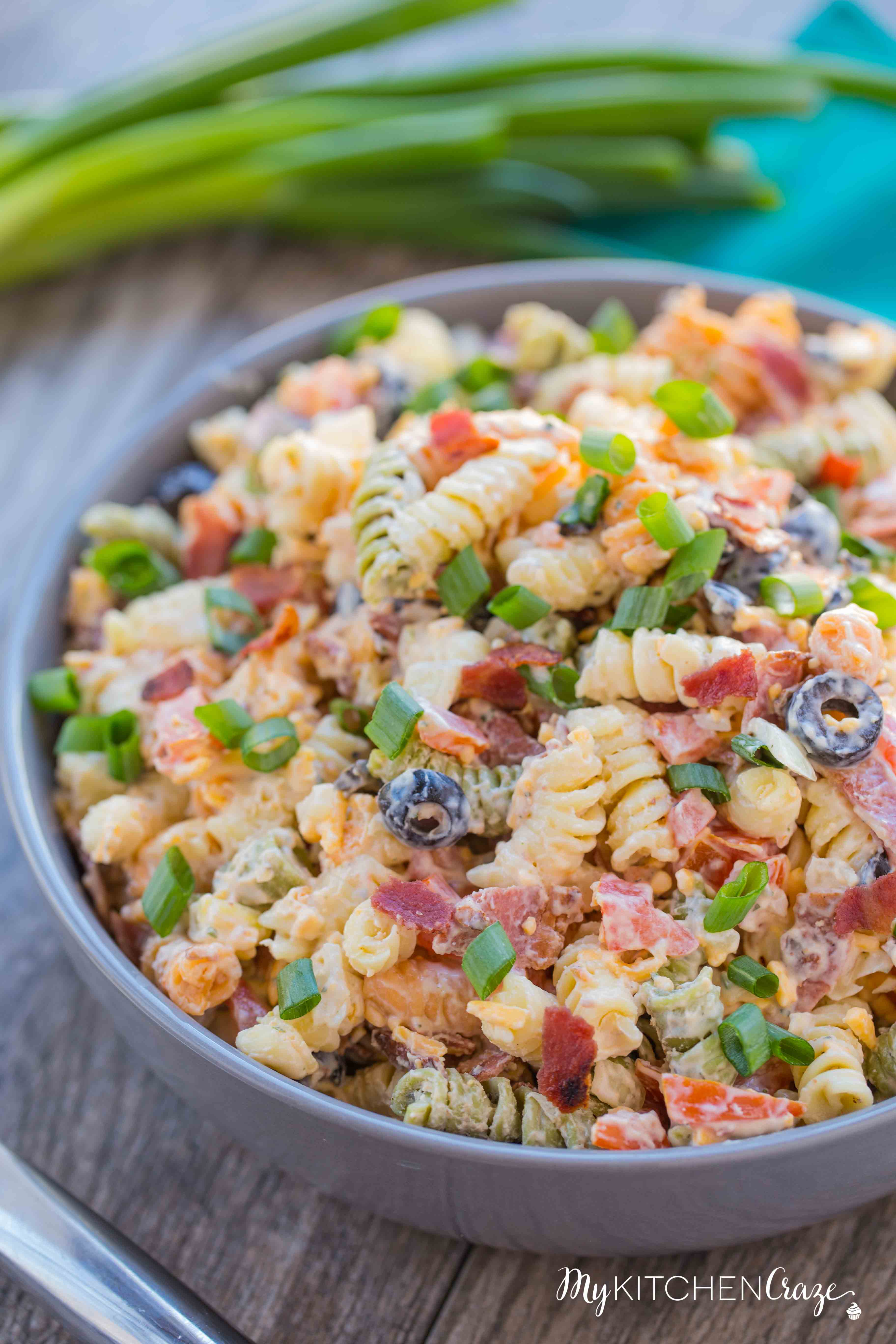 Bacon Ranch Pasta Salad ~ mykitchencraze.com ~ Enjoy crispy bacon tossed in a pasta ranch flavored salad. Perfect for a potluck or a special holiday.