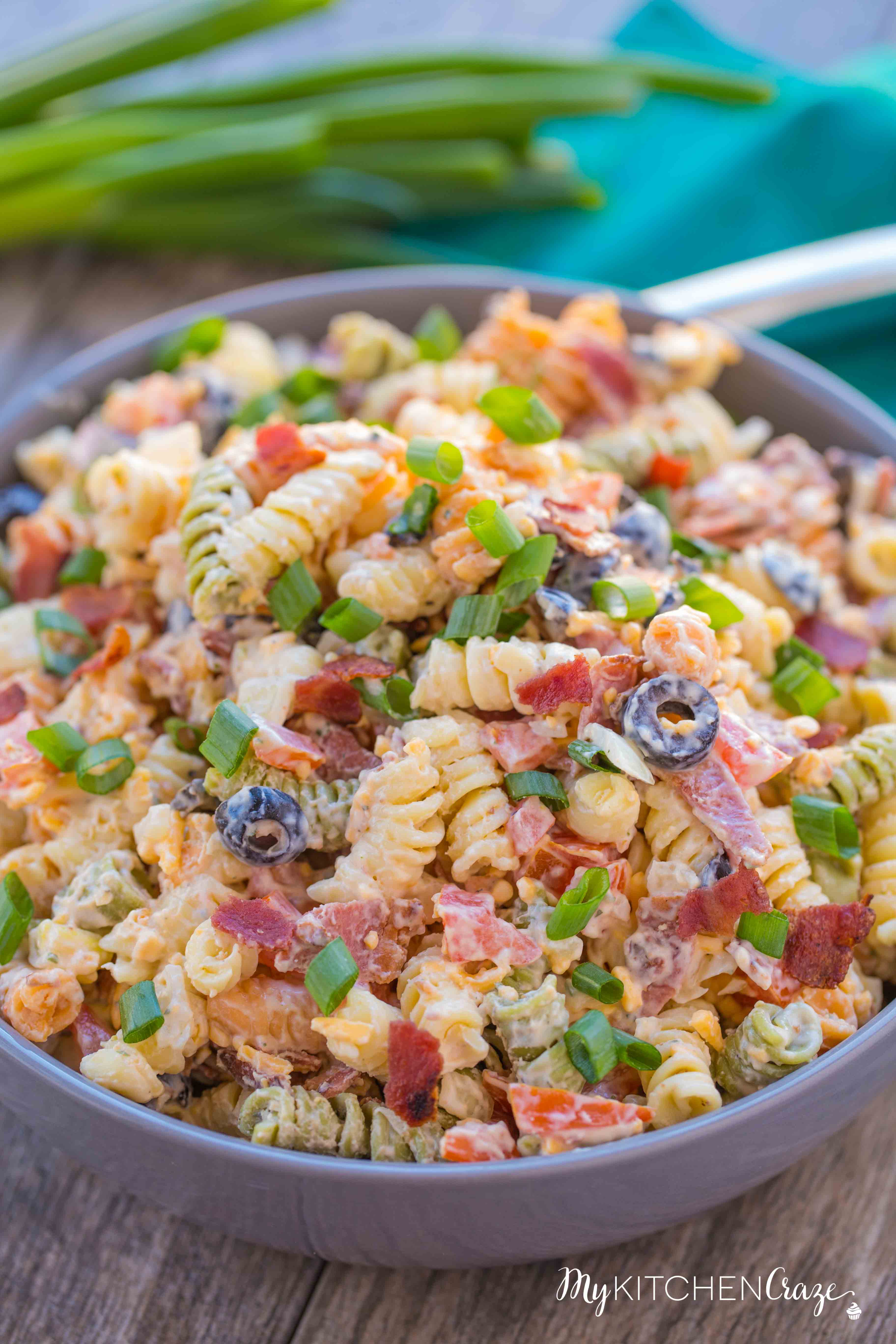 Bacon Ranch Pasta Salad ~ mykitchencraze.com ~ Enjoy crispy bacon tossed in a pasta ranch flavored salad. Perfect for a potluck or a special holiday.