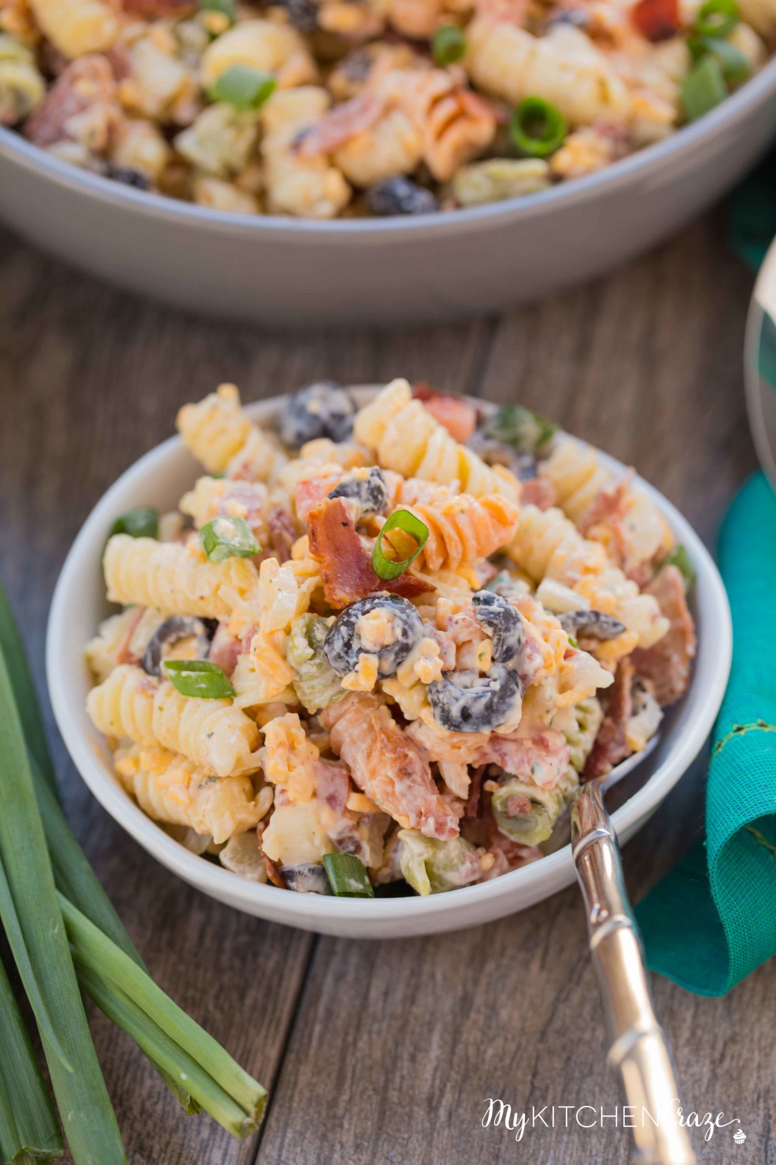 Bacon Ranch Pasta Salad ~ mykitchencraze.com ~ Enjoy crispy bacon tossed in a pasta ranch flavored salad. Perfect for a potluck or a special holiday.