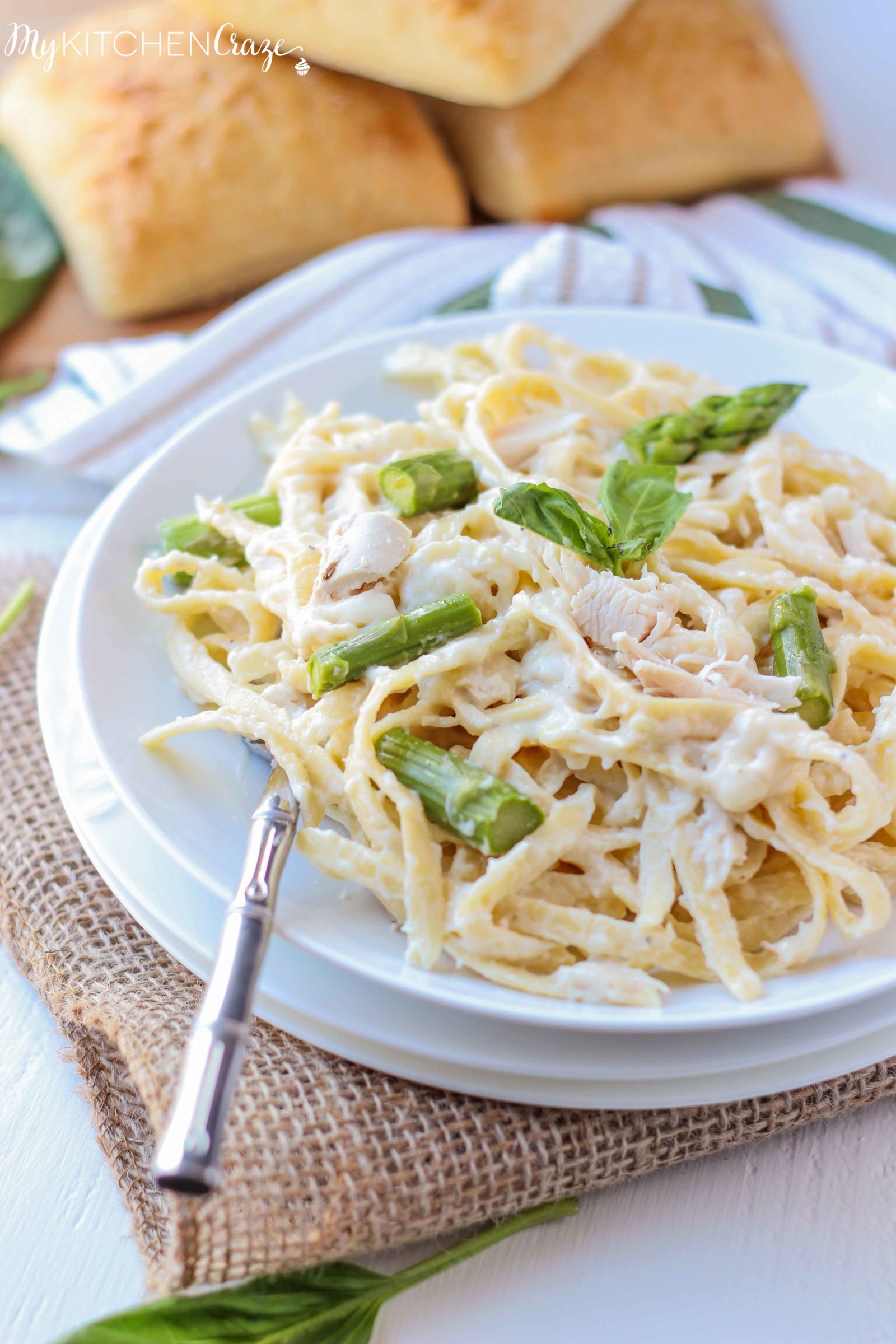 Chicken & Asparagus Fettuccine Alfredo ~ mykitchencraze.com ~ Enjoy this creamy pasta with in 30 minutes. Perfect for those busy nights!