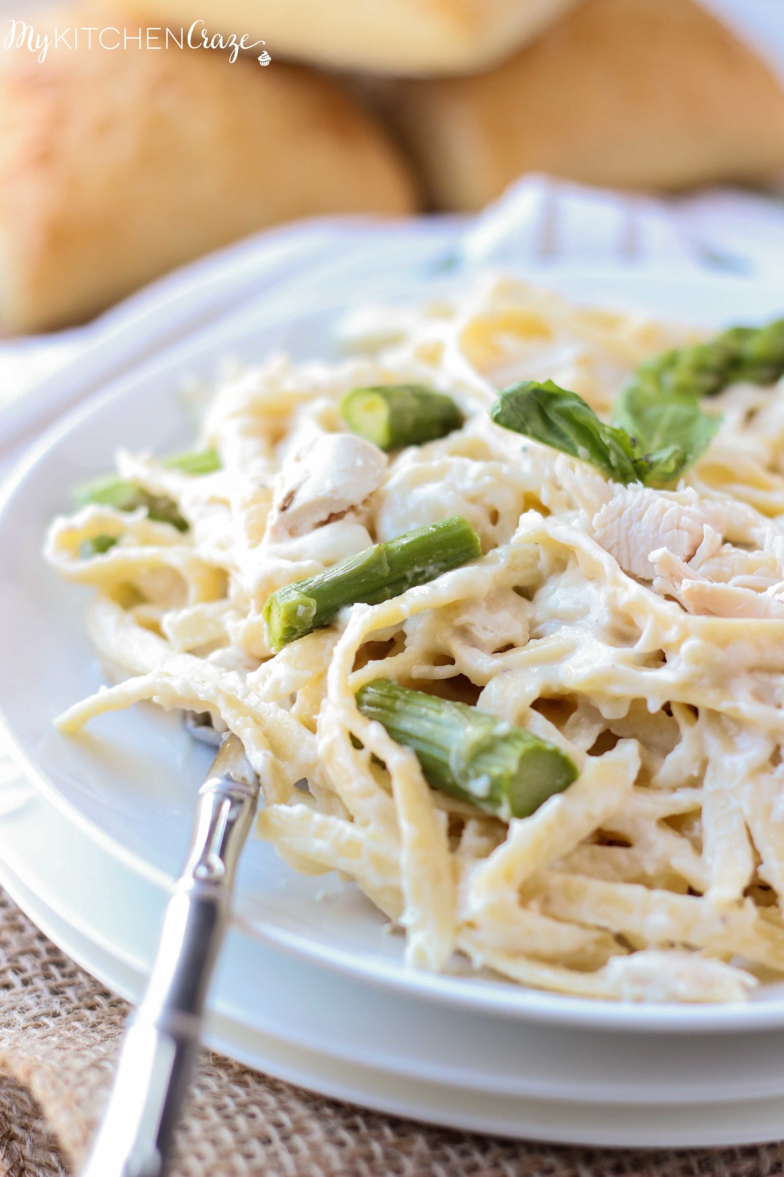 Chicken & Asparagus Fettuccine Alfredo ~ mykitchencraze.com ~ Enjoy this creamy pasta with in 30 minutes. Perfect for those busy nights!