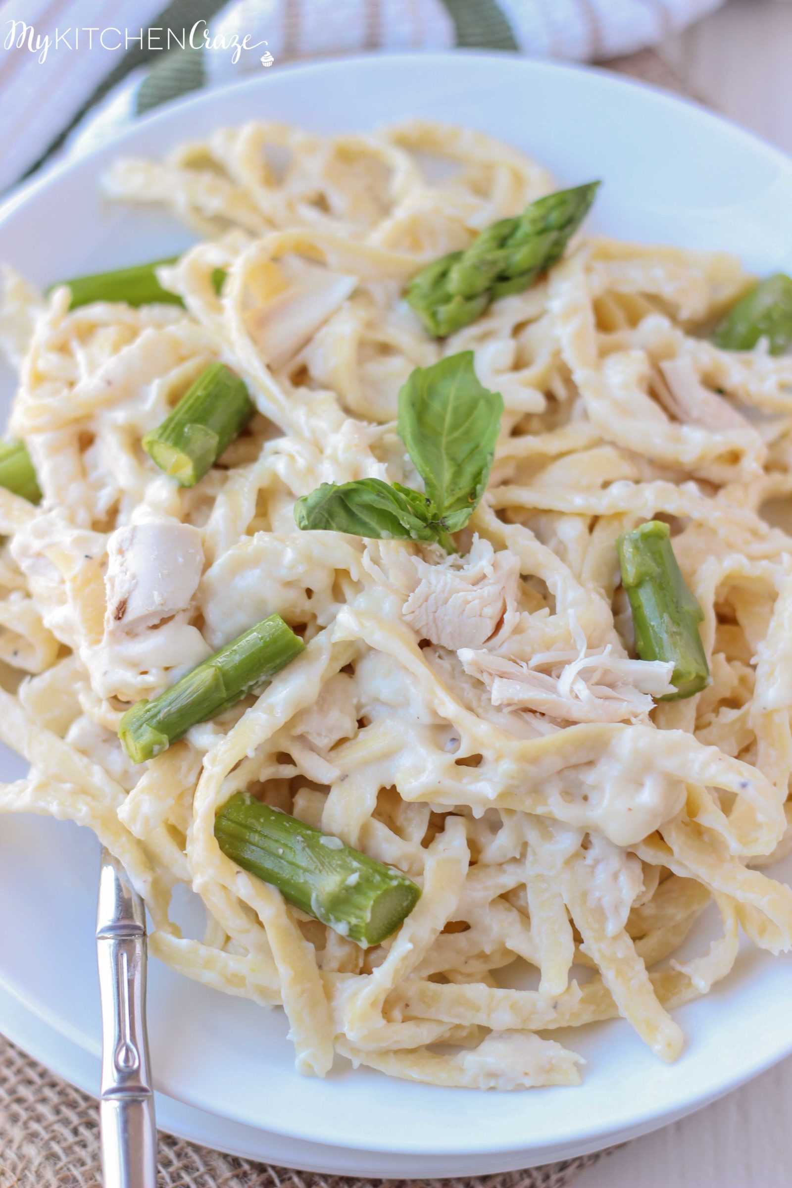 Chicken & Asparagus Fettuccine Alfredo ~ mykitchencraze.com ~ Enjoy this creamy pasta with in 30 minutes. Perfect for those busy nights!