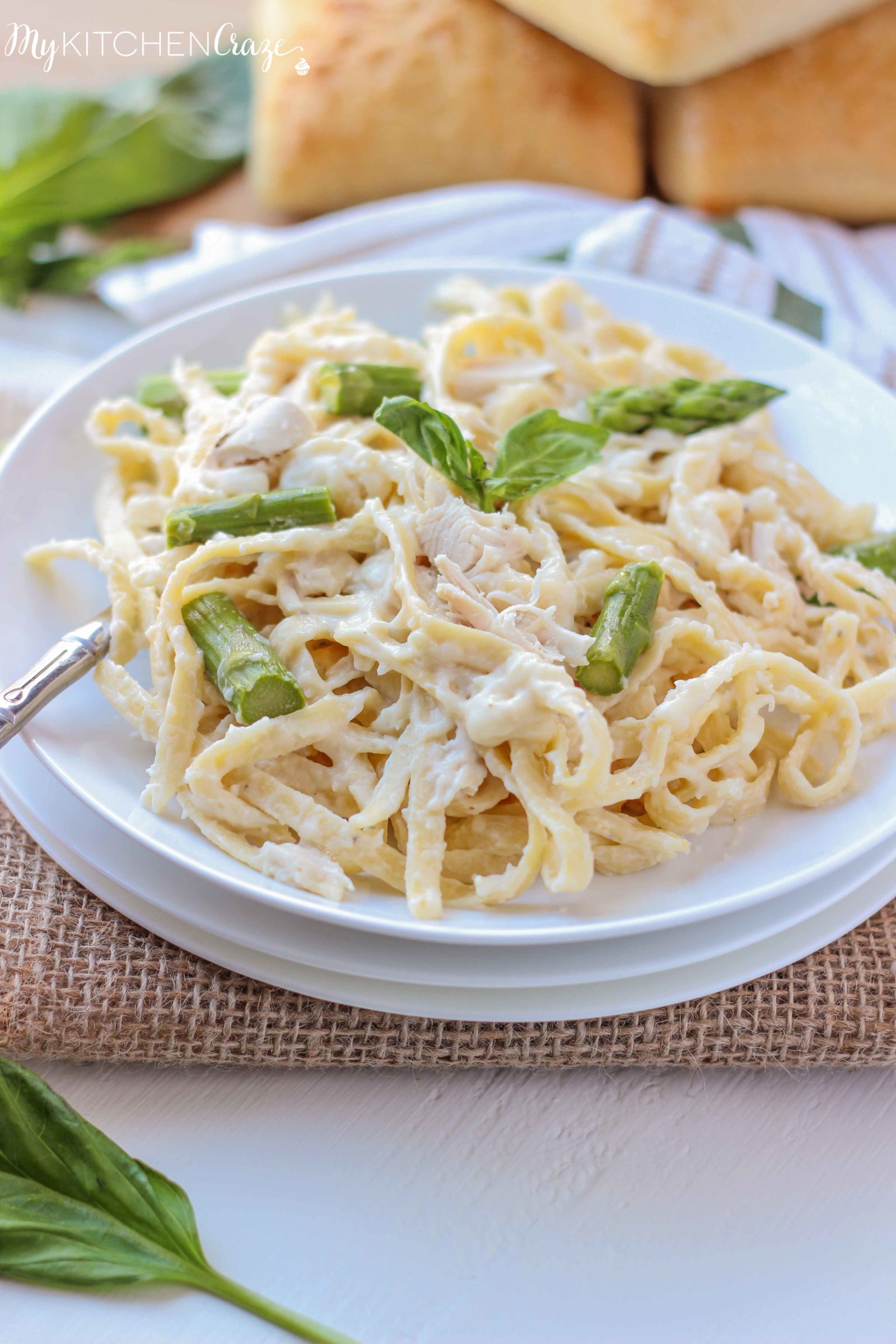 Chicken & Asparagus Fettuccine Alfredo ~ mykitchencraze.com ~ Enjoy this creamy pasta with in 30 minutes. Perfect for those busy nights!