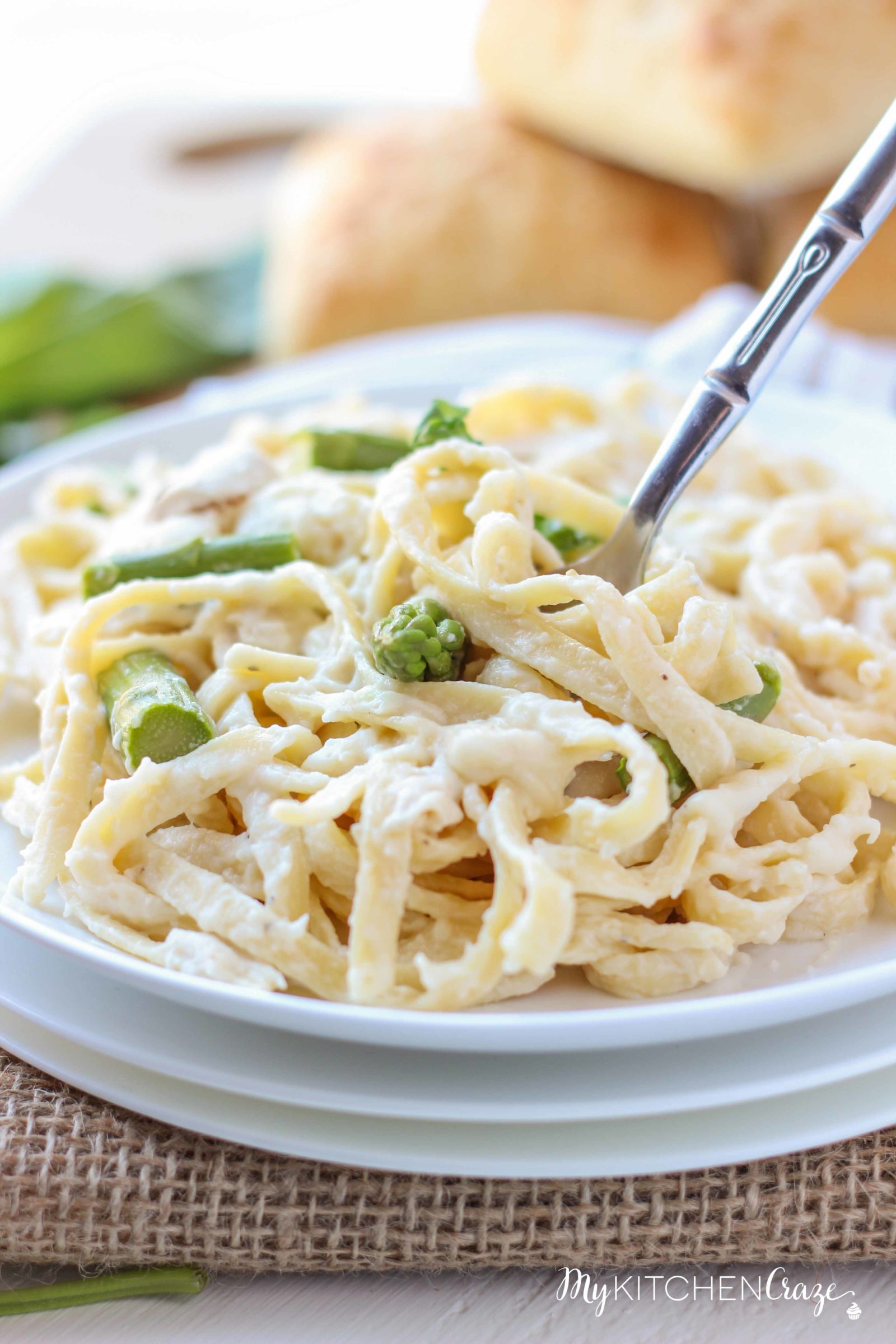 Chicken & Asparagus Fettuccine Alfredo ~ mykitchencraze.com ~ Enjoy this creamy pasta with in 30 minutes. Perfect for those busy nights!