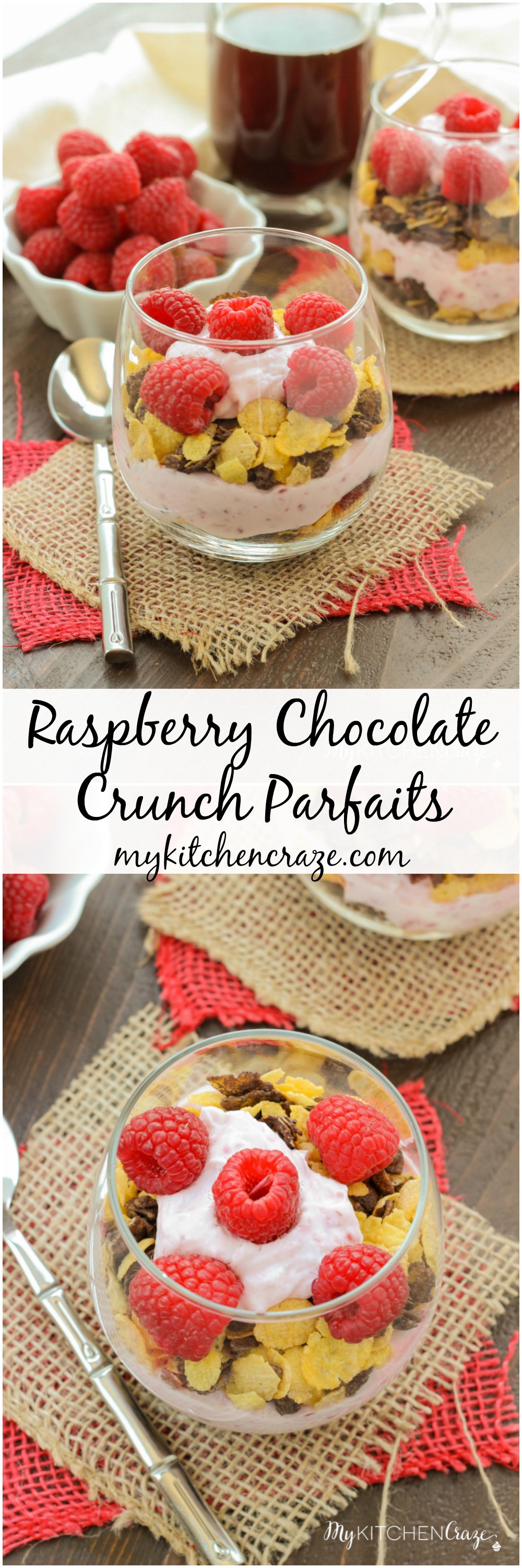 Raspberry Chocolate Crunch Parfaits ~ mykitchencraze.com ~ A delicious breakfast for those busy mornings. Greek yogurt layered with Honey Bunches of Oats Chocolate cereal and topped with fresh raspberries. Perfect combo!