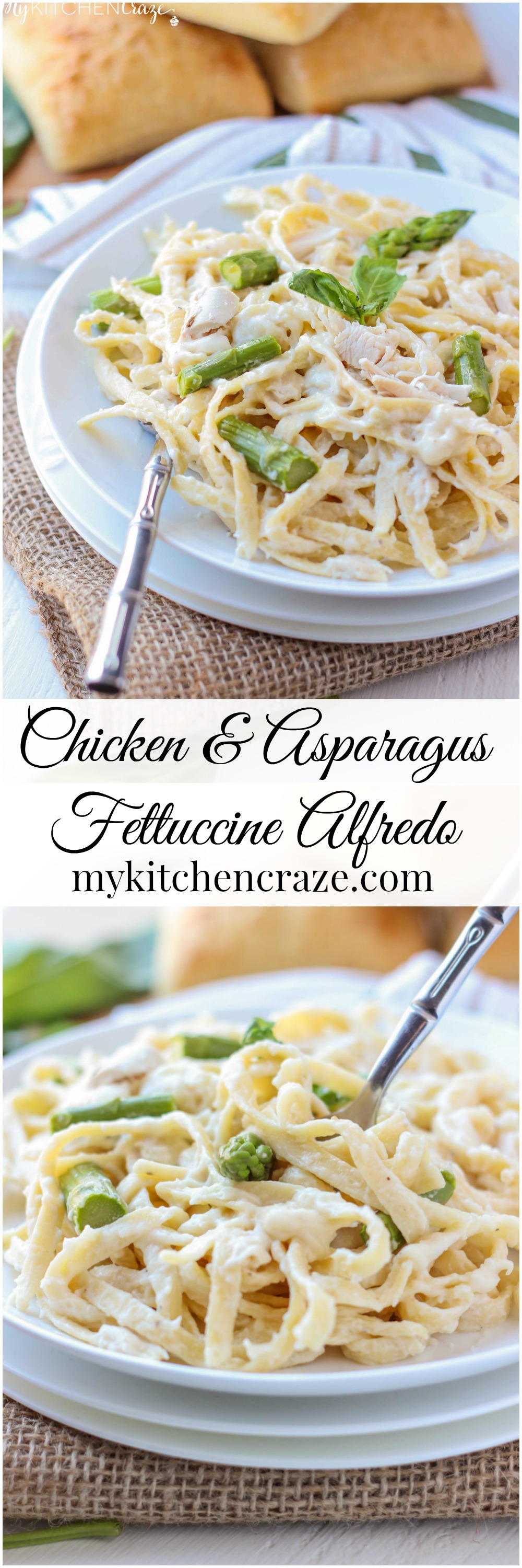 Chicken & Asparagus Fettuccine Alfredo ~ mykitchencraze.com ~ Enjoy this creamy pasta with in 30 minutes. Perfect for those busy nights!