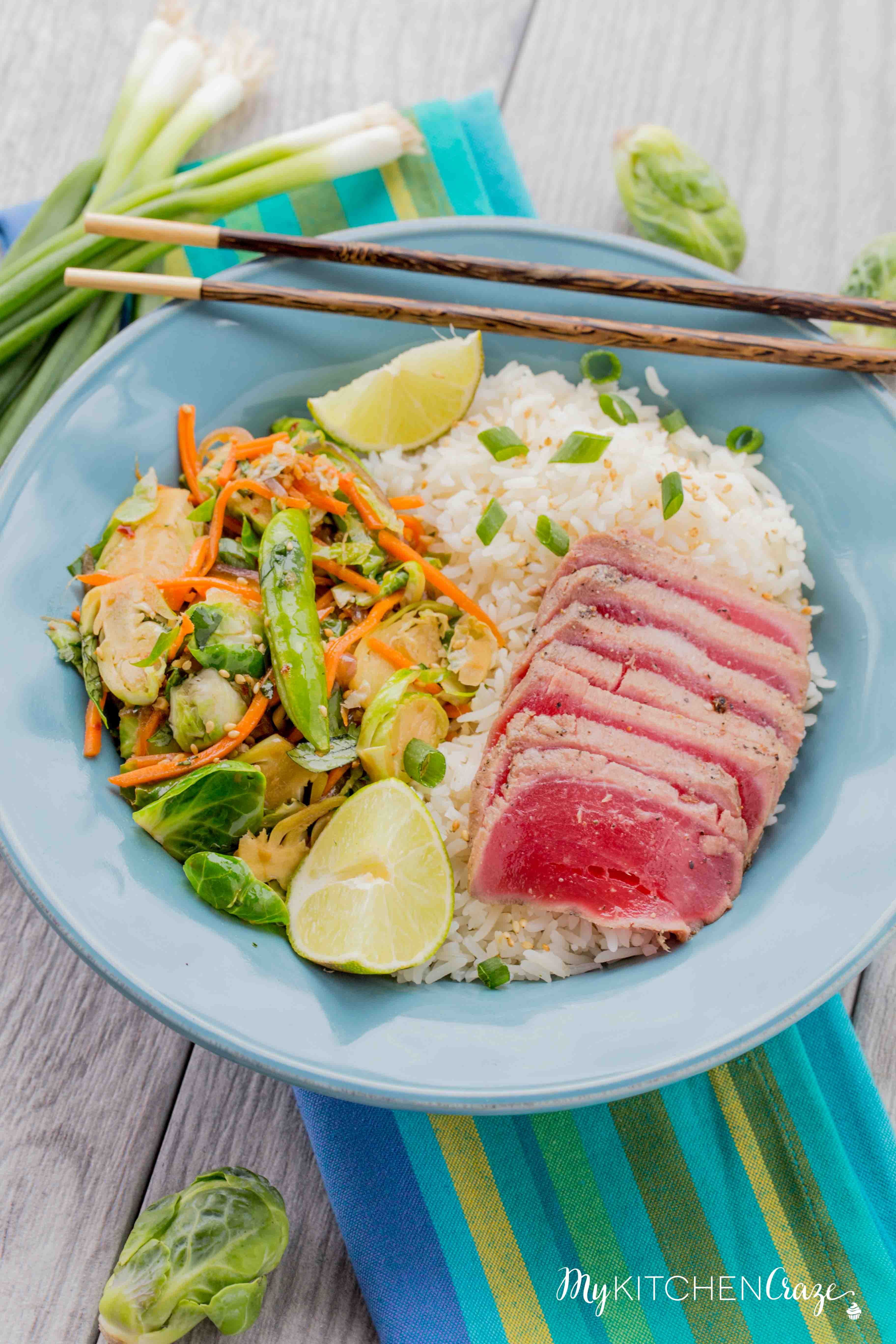 Ahi Tuna Rice Bowls ~ mykitchencraze.com ~ Enjoy these delicious Ahi Tuna Rice Bowls for dinner. These rice bowls are loaded with sautéed vegetables and fresh quality Ahi Tuna! Have a healthy delicious meal on your table within 30 minutes!