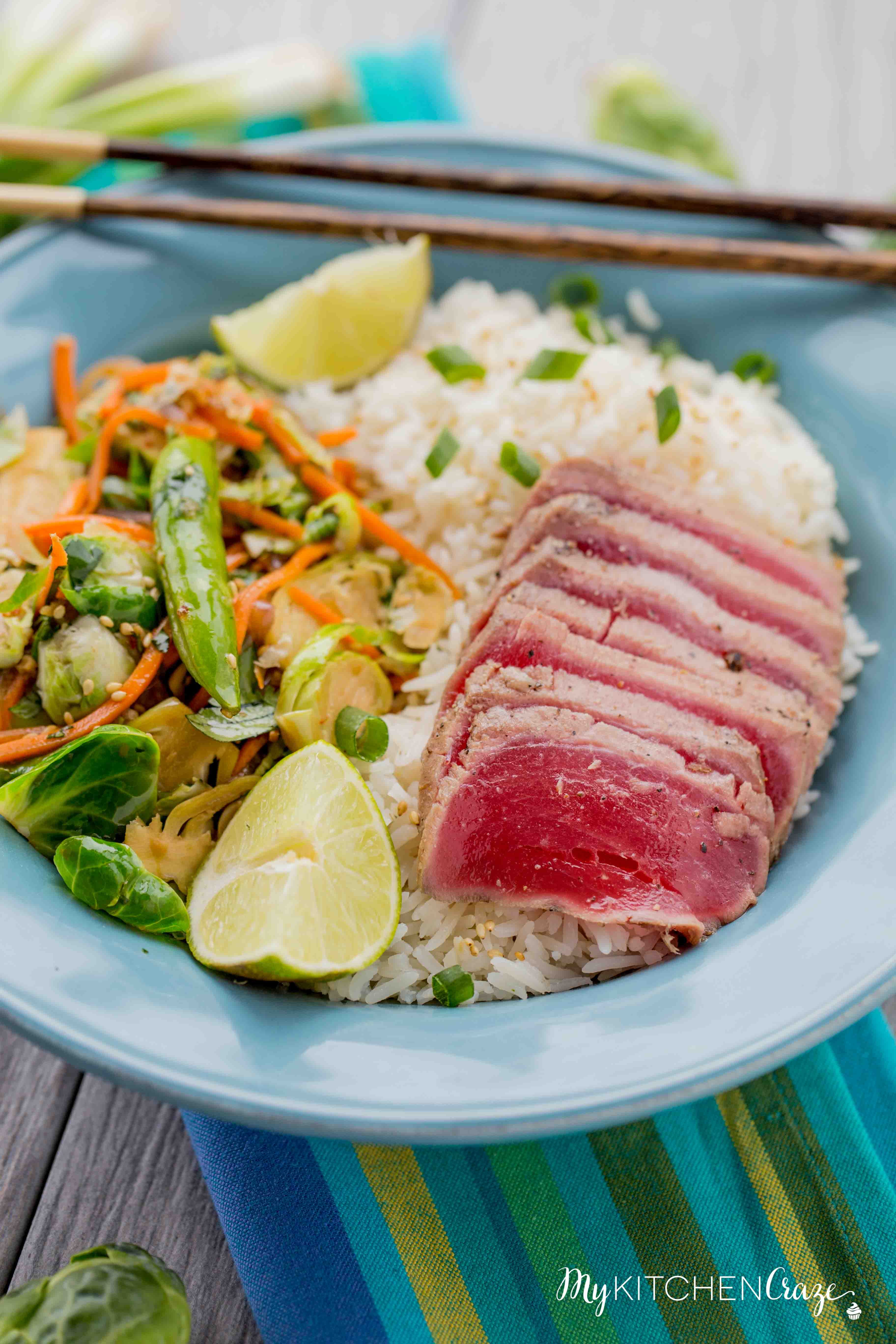 Ahi Tuna Rice Bowls ~ mykitchencraze.com ~ Enjoy these delicious Ahi Tuna Rice Bowls for dinner. These rice bowls are loaded with sautéed vegetables and fresh quality Ahi Tuna! Have a healthy delicious meal on your table within 30 minutes!