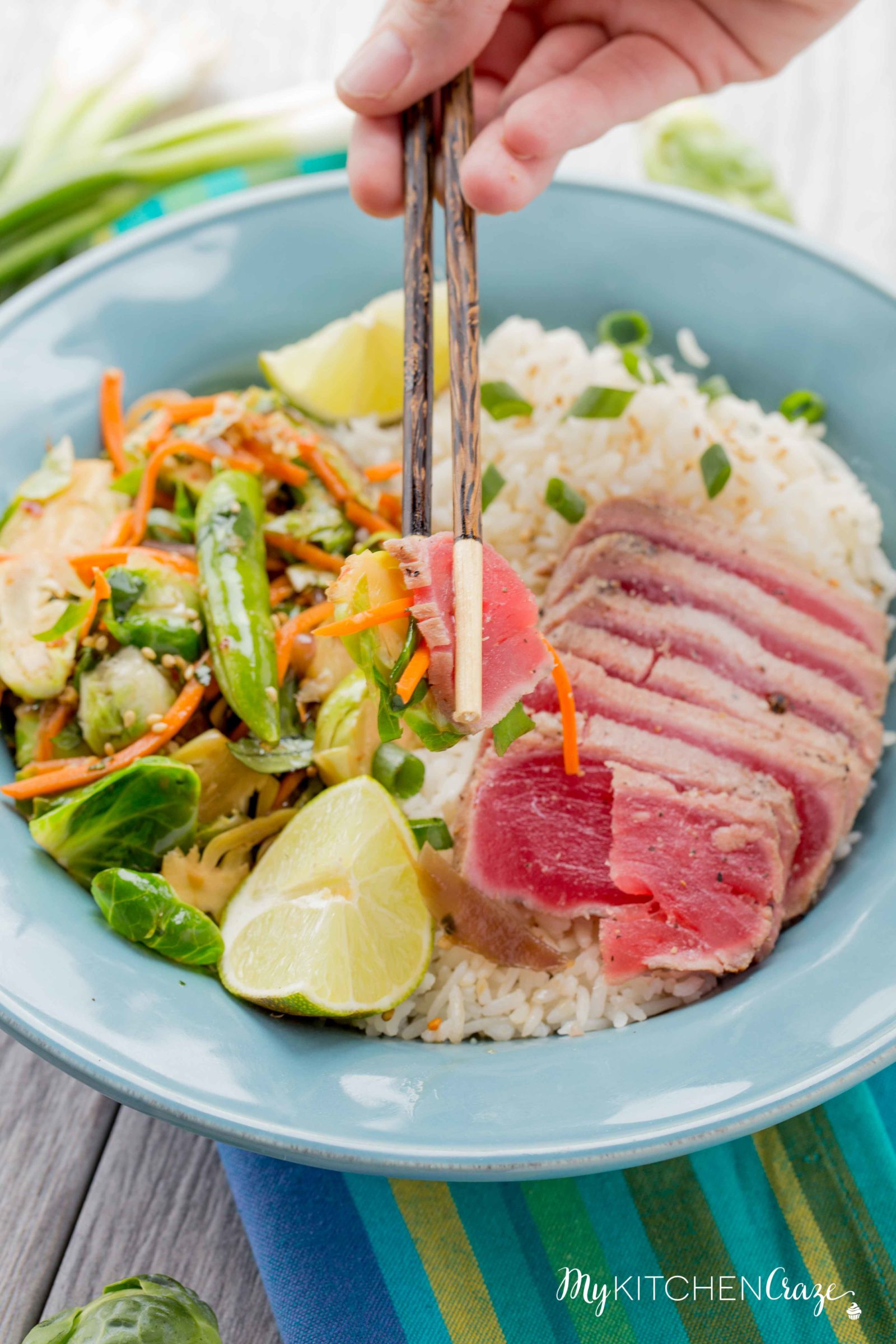 Ahi Tuna Rice Bowls ~ mykitchencraze.com ~ Enjoy these delicious Ahi Tuna Rice Bowls for dinner. These rice bowls are loaded with sautéed vegetables and fresh quality Ahi Tuna! Have a healthy delicious meal on your table within 30 minutes!