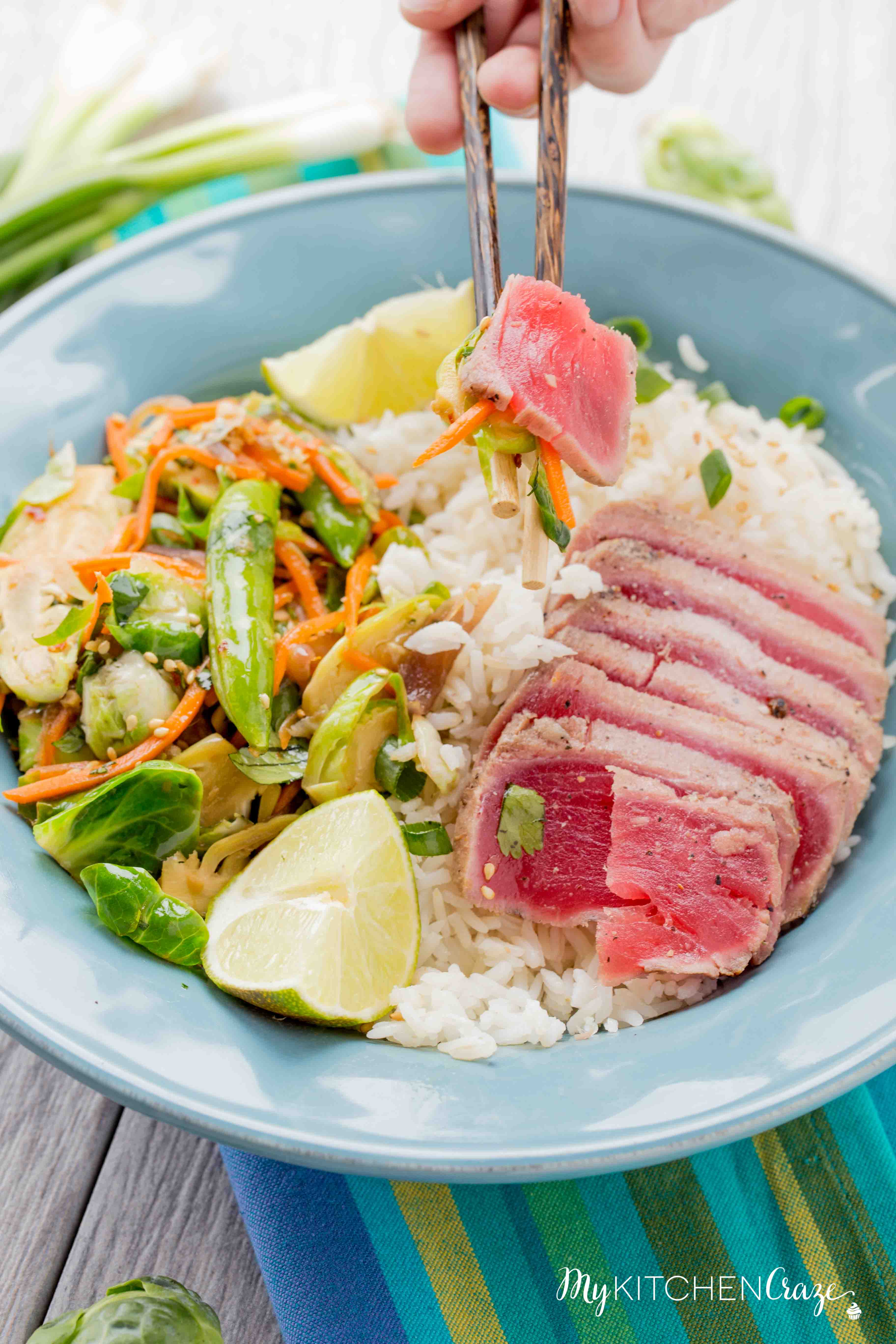 Ahi Tuna Rice Bowls ~ mykitchencraze.com ~ Enjoy these delicious Ahi Tuna Rice Bowls for dinner. These rice bowls are loaded with sautéed vegetables and fresh quality Ahi Tuna! Have a healthy delicious meal on your table within 30 minutes!