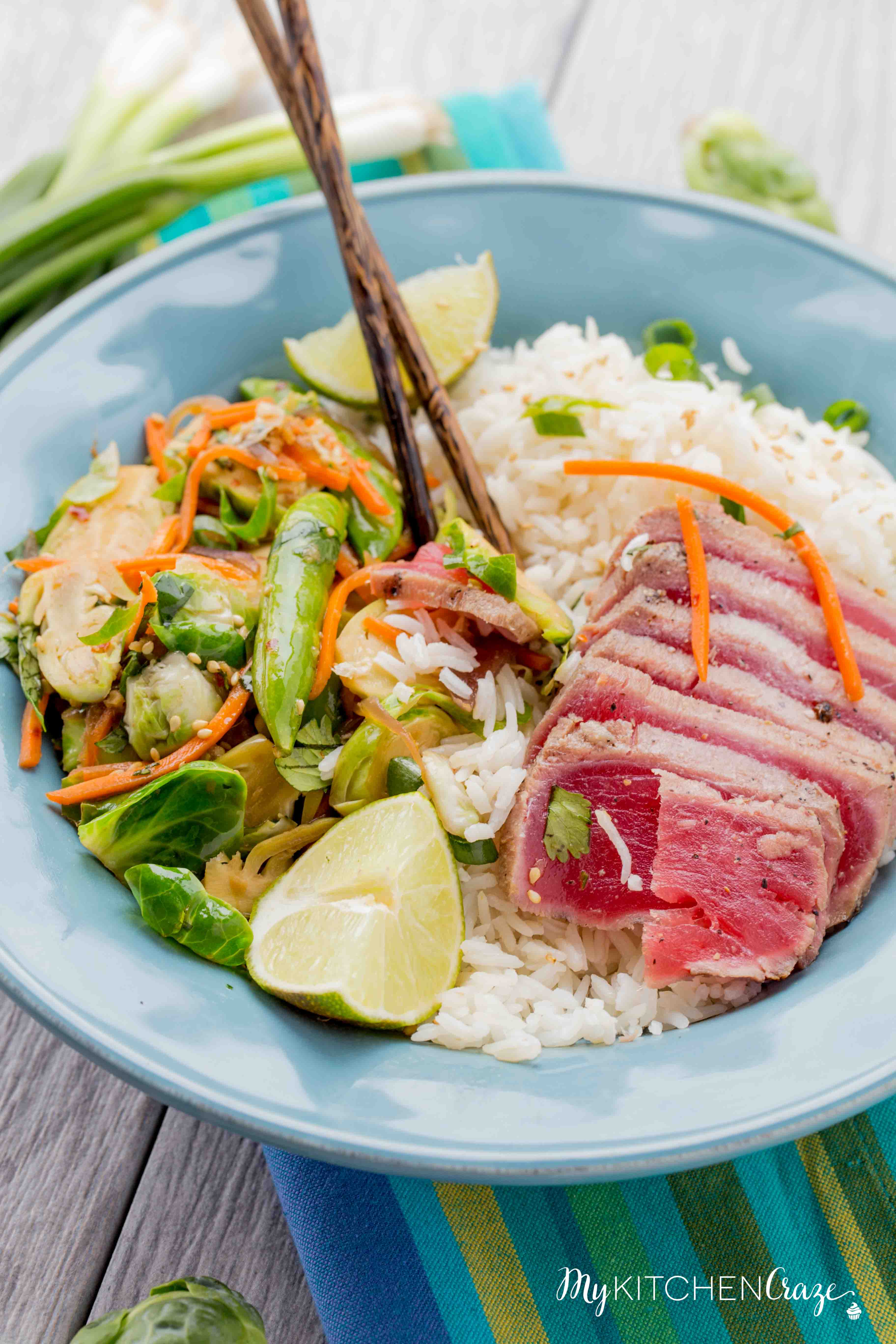 Ahi Tuna Rice Bowls ~ mykitchencraze.com ~ Enjoy these delicious Ahi Tuna Rice Bowls for dinner. These rice bowls are loaded with sautéed vegetables and fresh quality Ahi Tuna! Have a healthy delicious meal on your table within 30 minutes!