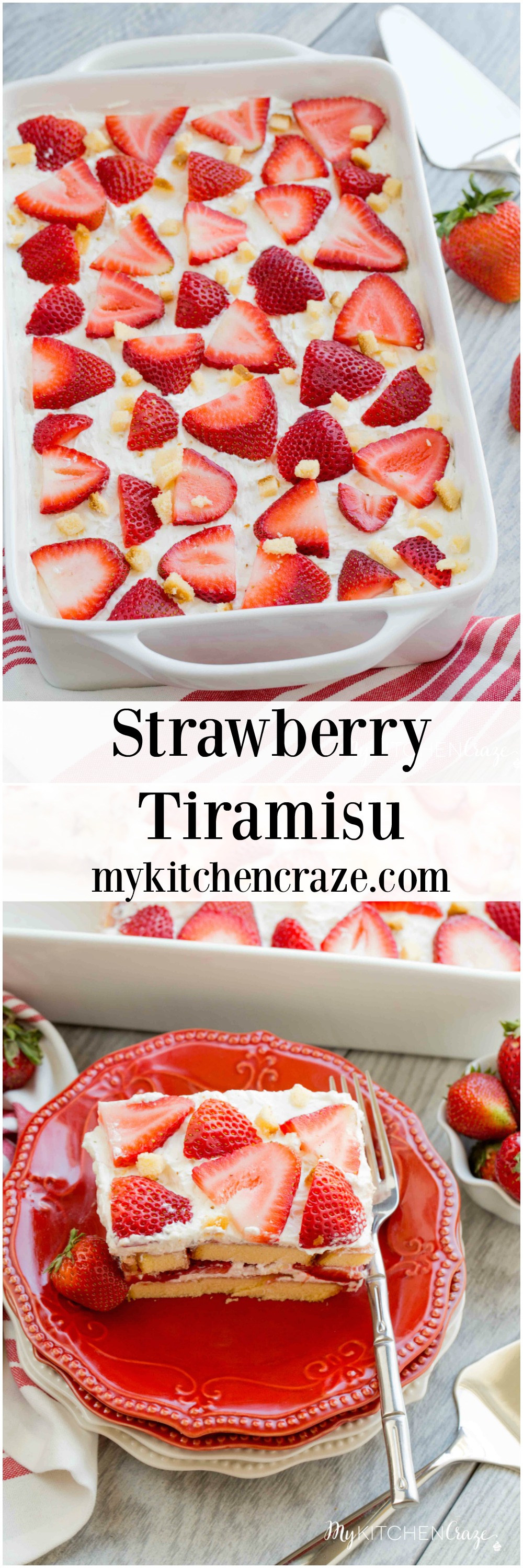 Strawberry Tiramisu ~ mykitchencraze.com ~ Enjoy this delicious and fun twist on tiramisu! Loaded with strawberries, pound cake, mascarpone cheese and cool whip. This is one dessert you won't be able to pass up!