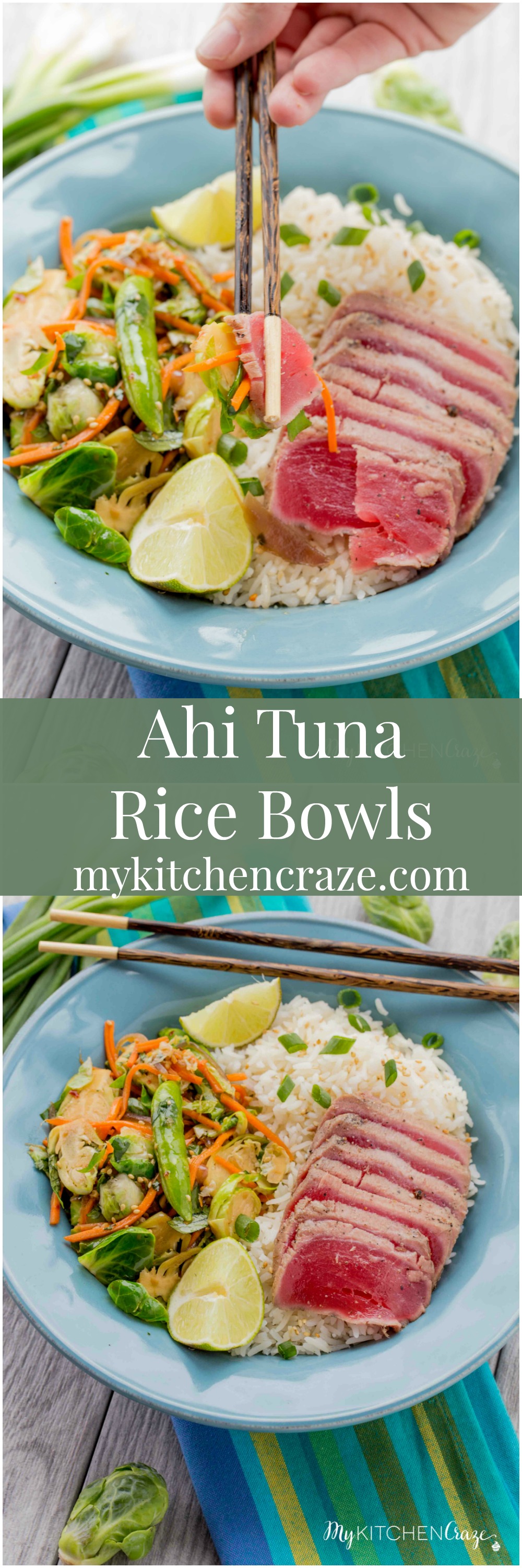 Ahi Tuna Rice Bowls ~ mykitchencraze.com ~ Enjoy these delicious Ahi Tuna Rice Bowls for dinner. These rice bowls are loaded with sautéed vegetables and fresh quality Ahi Tuna! Have a healthy delicious meal on your table within 30 minutes!