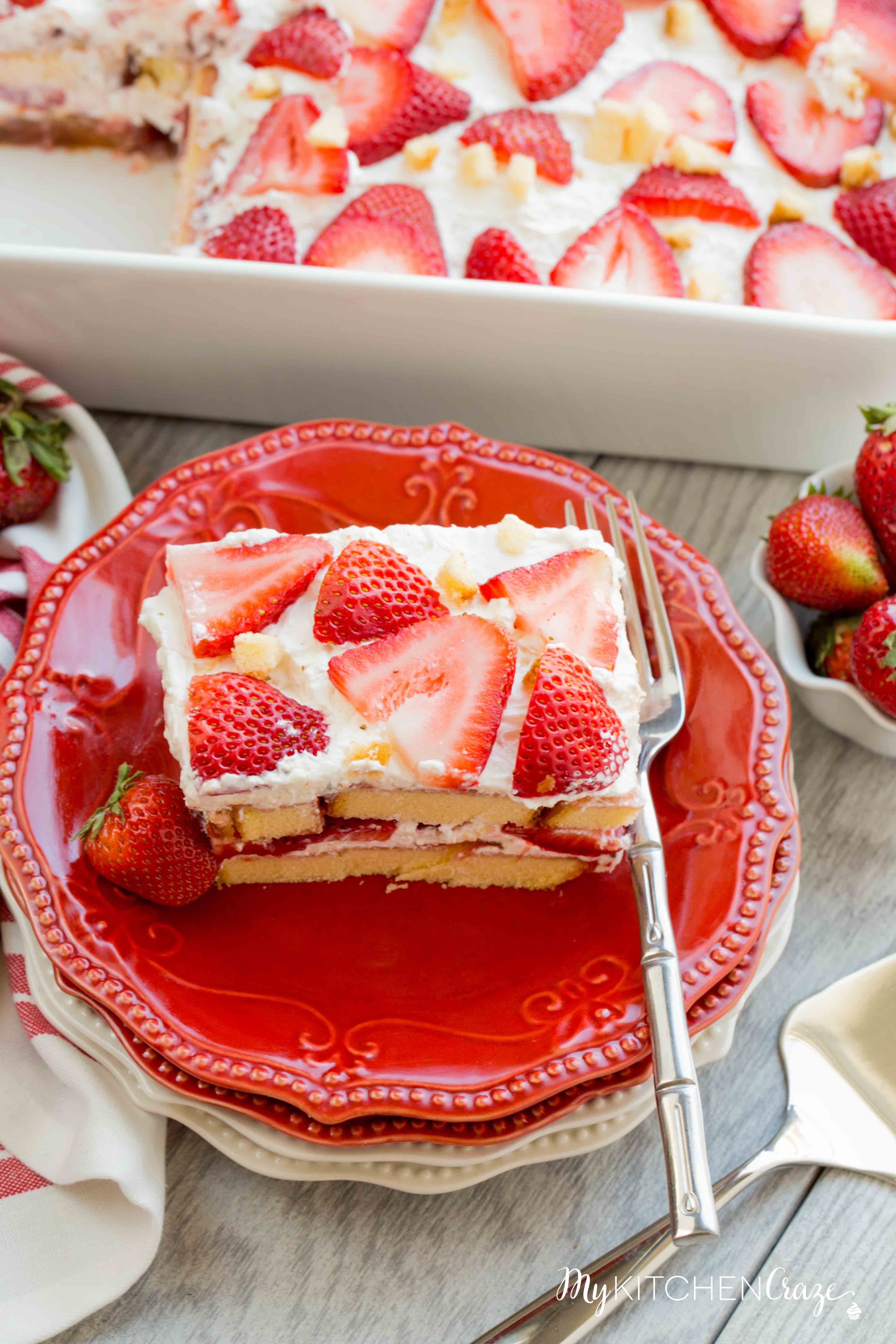 Strawberry Tiramisu ~ mykitchencraze.com ~ Enjoy this delicious and fun twist on tiramisu! Loaded with strawberries, pound cake, mascarpone cheese and cool whip. This is one dessert you won't be able to pass up!