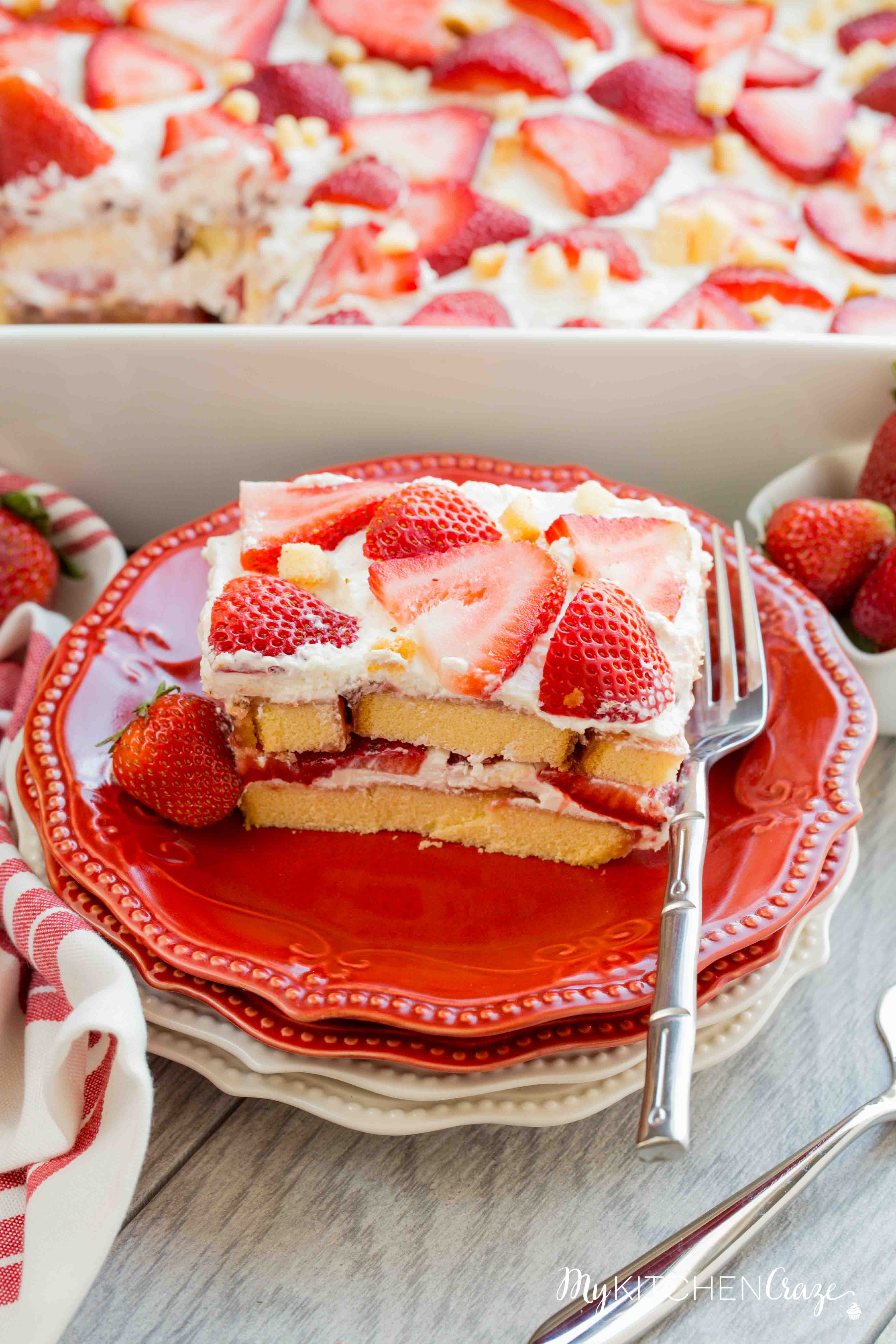 Strawberry Tiramisu ~ mykitchencraze.com ~ Enjoy this delicious and fun twist on tiramisu! Loaded with strawberries, pound cake, mascarpone cheese and cool whip. This is one dessert you won't be able to pass up!