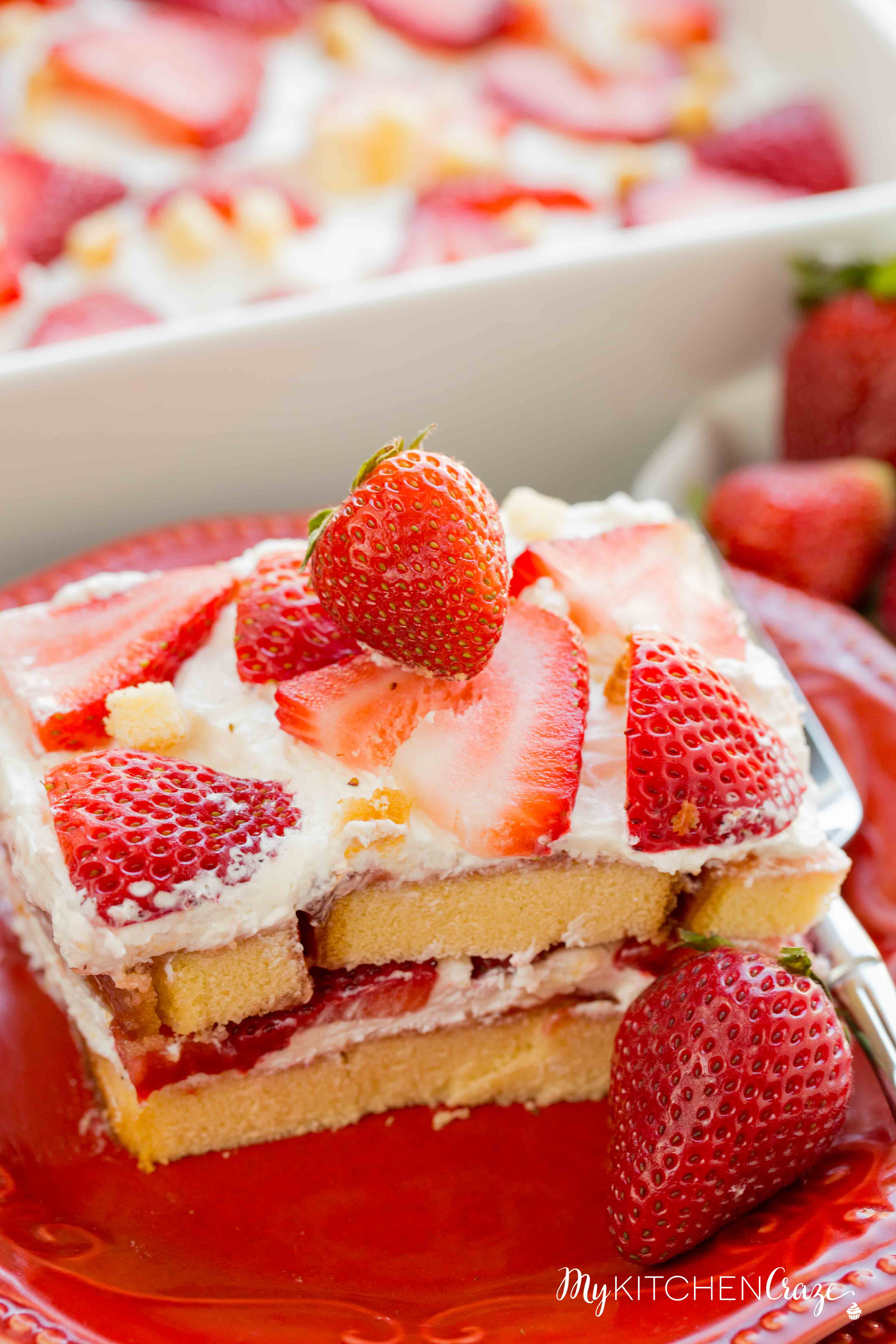 Strawberry Tiramisu ~ mykitchencraze.com ~ Enjoy this delicious and fun twist on tiramisu! Loaded with strawberries, pound cake, mascarpone cheese and cool whip. This is one dessert you won't be able to pass up!