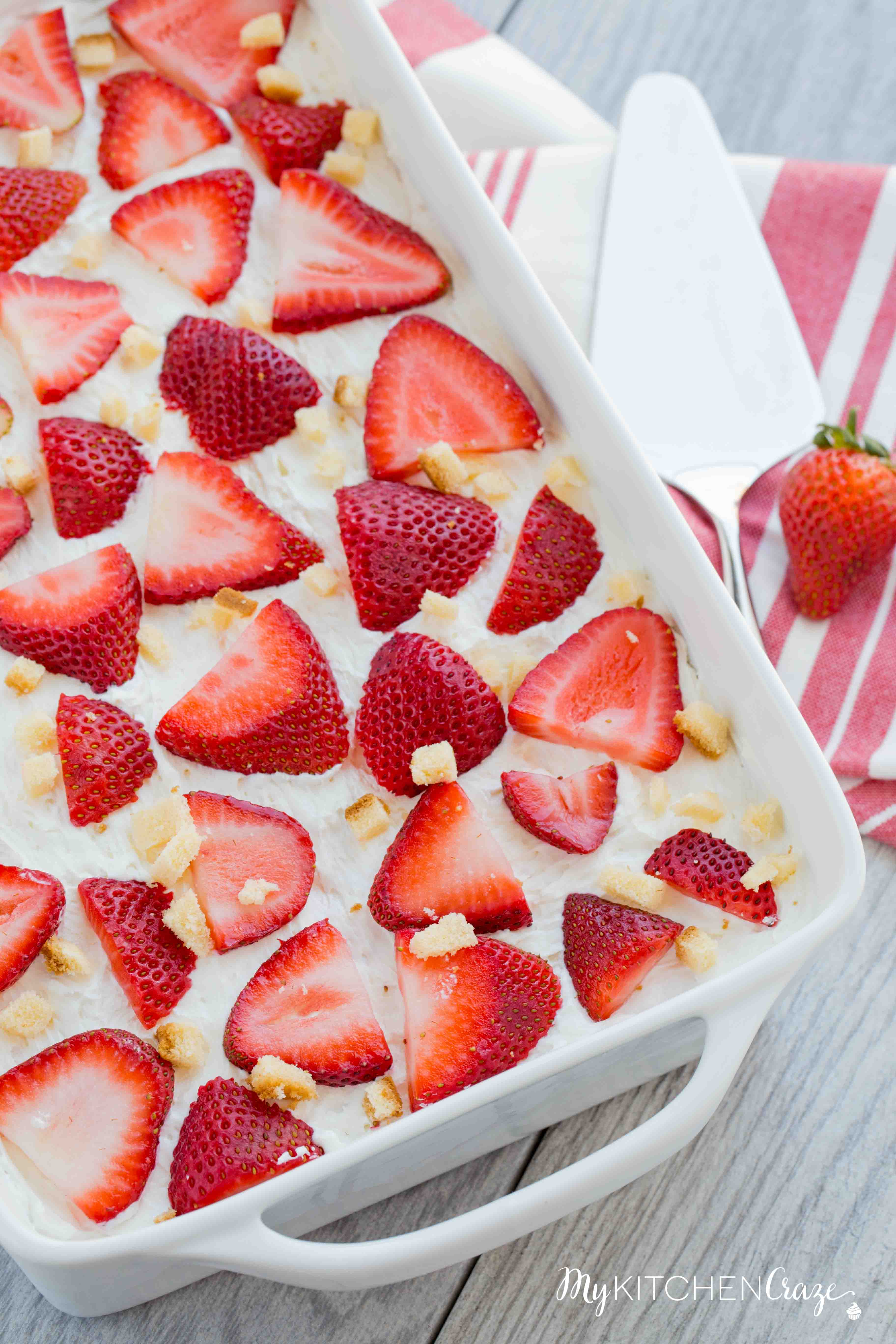 Strawberry Tiramisu ~ mykitchencraze.com ~ Enjoy this delicious and fun twist on tiramisu! Loaded with strawberries, pound cake, mascarpone cheese and cool whip. This is one dessert you won't be able to pass up!