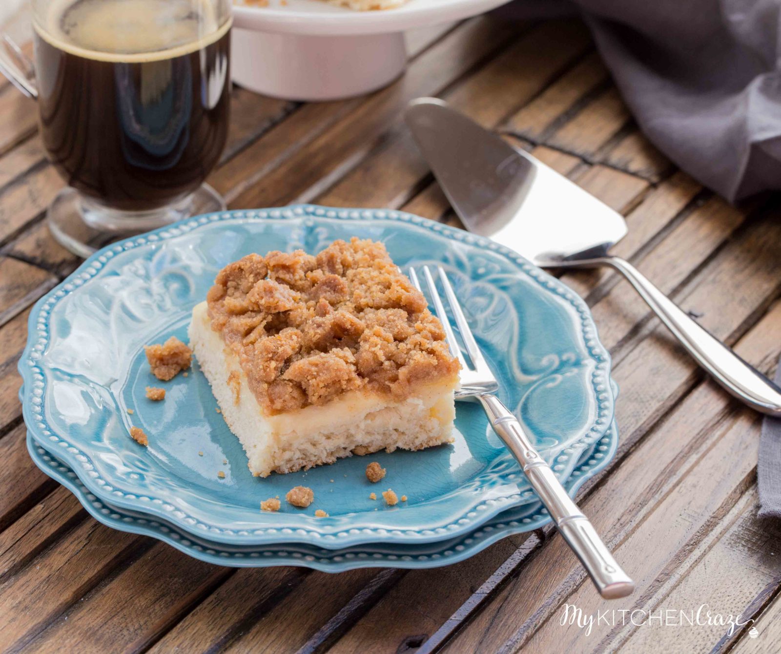 Apple Crisp Coffeecake ~ mykitchencraze.com ~ Moist cake loaded with apples then topped with a delicious crumb topping. This cake is perfect for a party or just because.