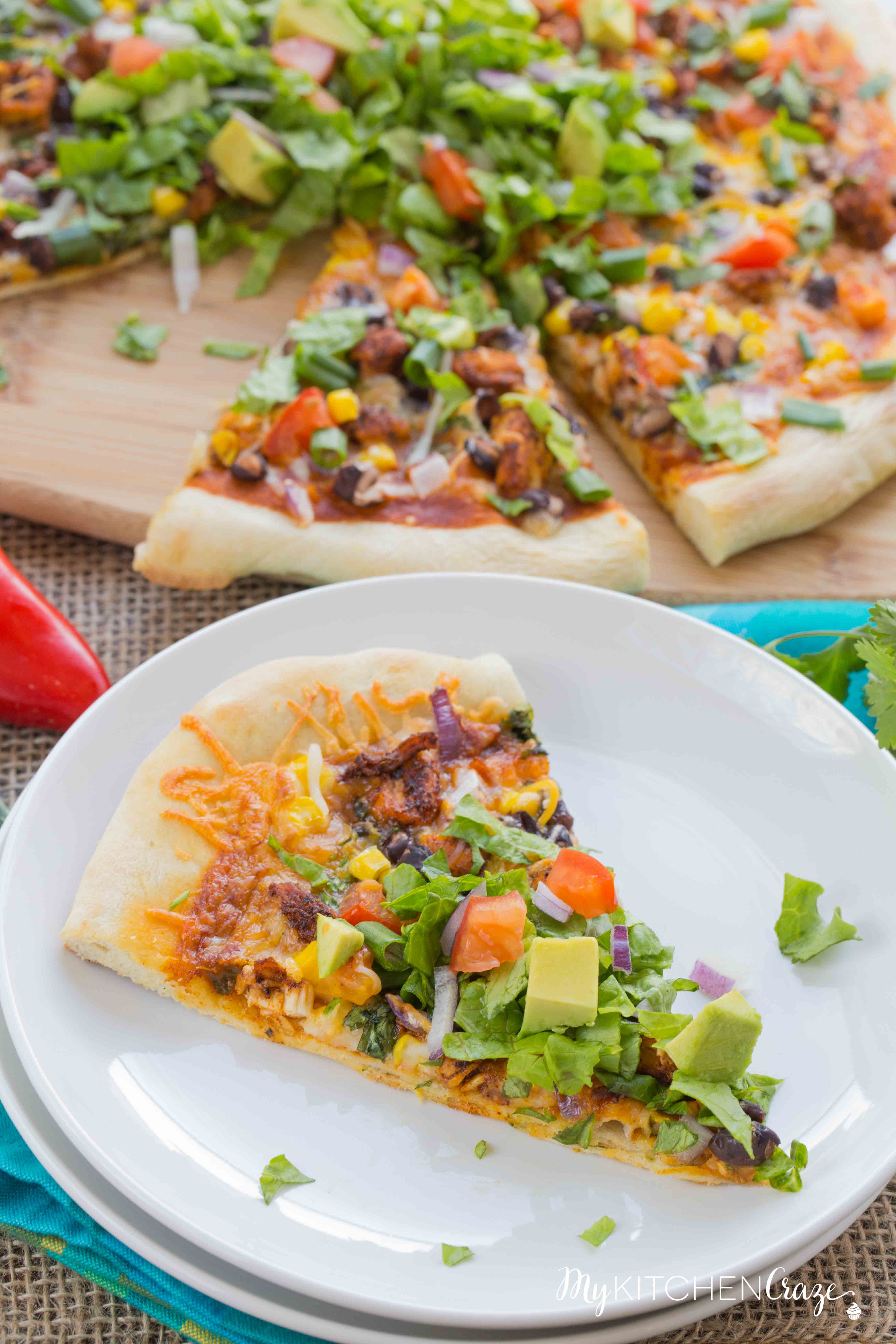 Chicken Taco Pizza ~ mykitchencraze.com ~ A fun twist on pizza night and all done within 30 minutes. Perfect family dinner recipe!