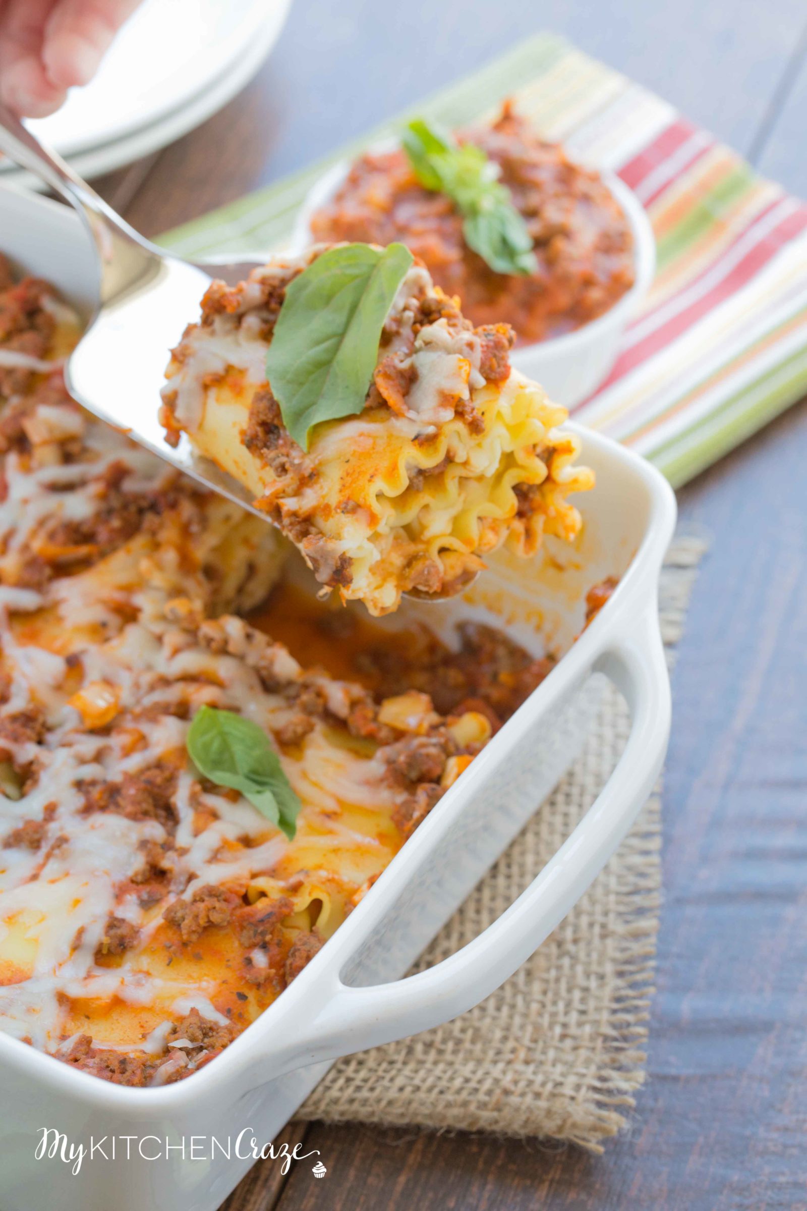 Lasagna Roll-Ups ~ mykitchencraze.com ~ A fun twist and easy way to make lasagna. These roll-ups are filled with everything you'd put in your lasagna, but better. The family will love them!