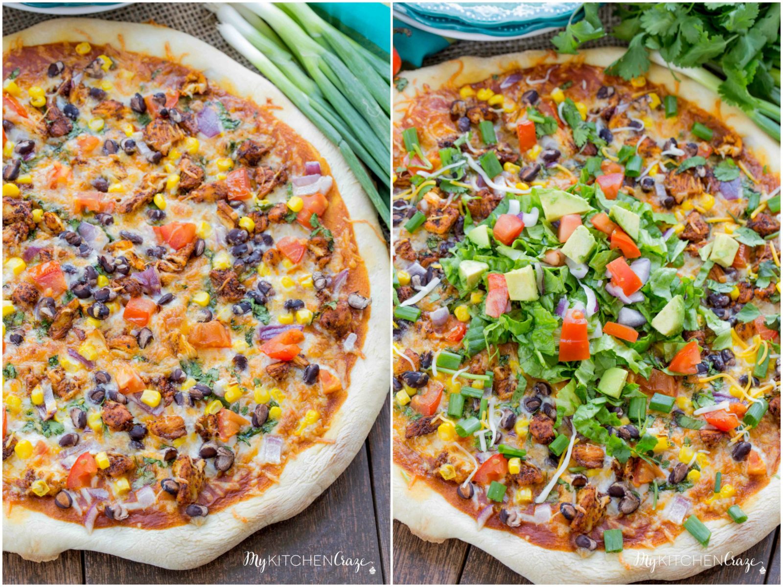 Chicken Taco Pizza ~ mykitchencraze.com ~ A fun twist on pizza night and all done within 30 minutes. Perfect family dinner recipe!