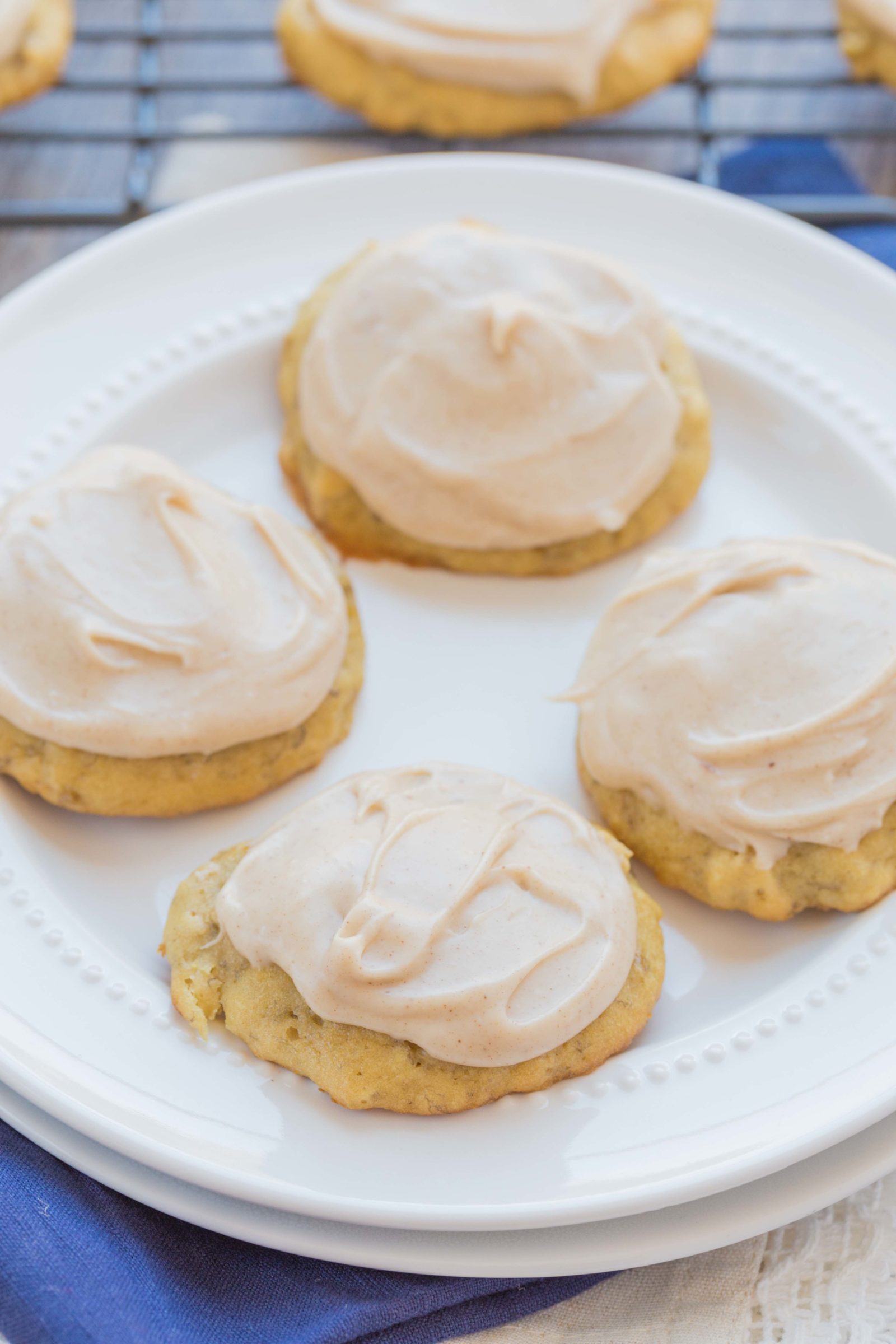 Banana Cookies with Browned Butter Frosting ~ mykitchencraze.com ~ Use up those browned bananas with this easy and delicious Banana Cookie recipe. Top them with a creamy and yummy Browned Butter Frosting. Everyone will love these cookies!