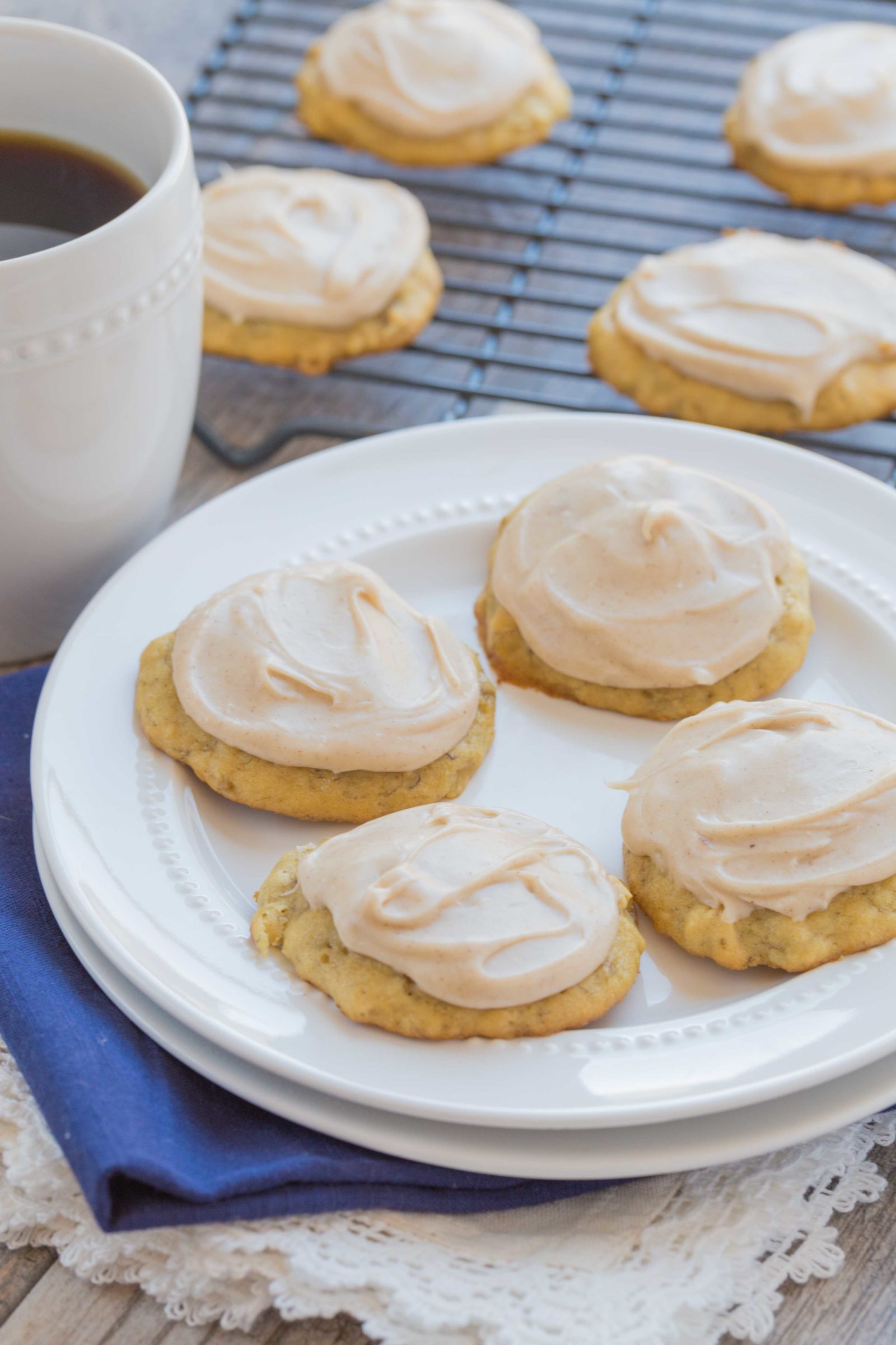 Banana Cookies with Browned Butter Frosting ~ mykitchencraze.com ~ Use up those browned bananas with this easy and delicious Banana Cookie recipe. Top them with a creamy and yummy Browned Butter Frosting. Everyone will love these cookies!