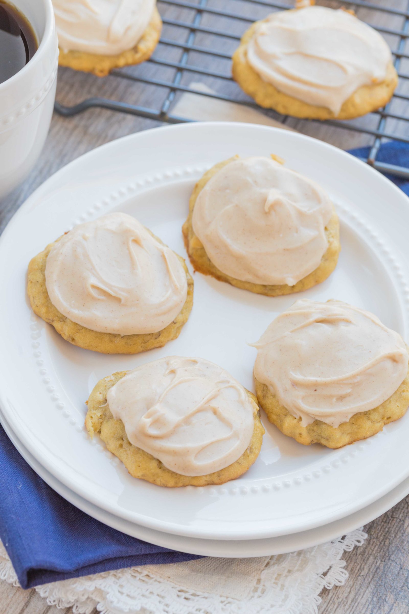 Banana Cookies with Browned Butter Frosting ~ mykitchencraze.com ~ Use up those browned bananas with this easy and delicious Banana Cookie recipe. Top them with a creamy and yummy Browned Butter Frosting. Everyone will love these cookies!