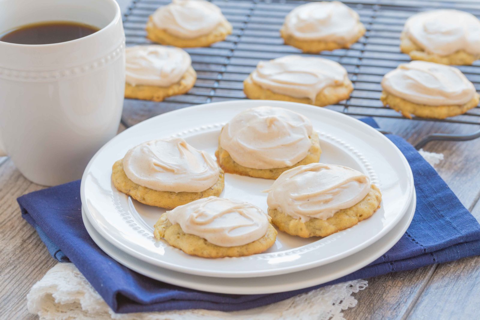 Banana Cookies with Browned Butter Frosting ~ mykitchencraze.com ~ Use up those browned bananas with this easy and delicious Banana Cookie recipe. Top them with a creamy and yummy Browned Butter Frosting. Everyone will love these cookies!