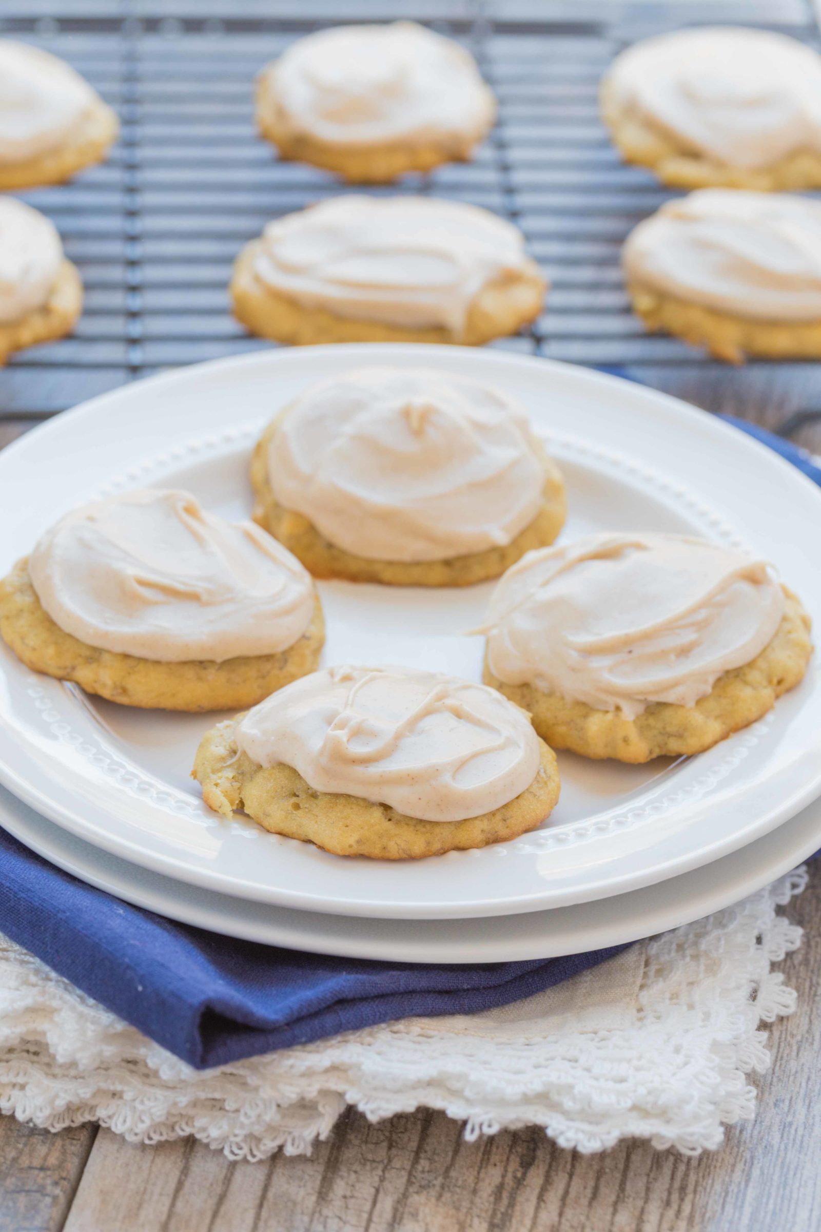Banana Cookies with Browned Butter Frosting ~ mykitchencraze.com ~ Use up those browned bananas with this easy and delicious Banana Cookie recipe. Top them with a creamy and yummy Browned Butter Frosting. Everyone will love these cookies!