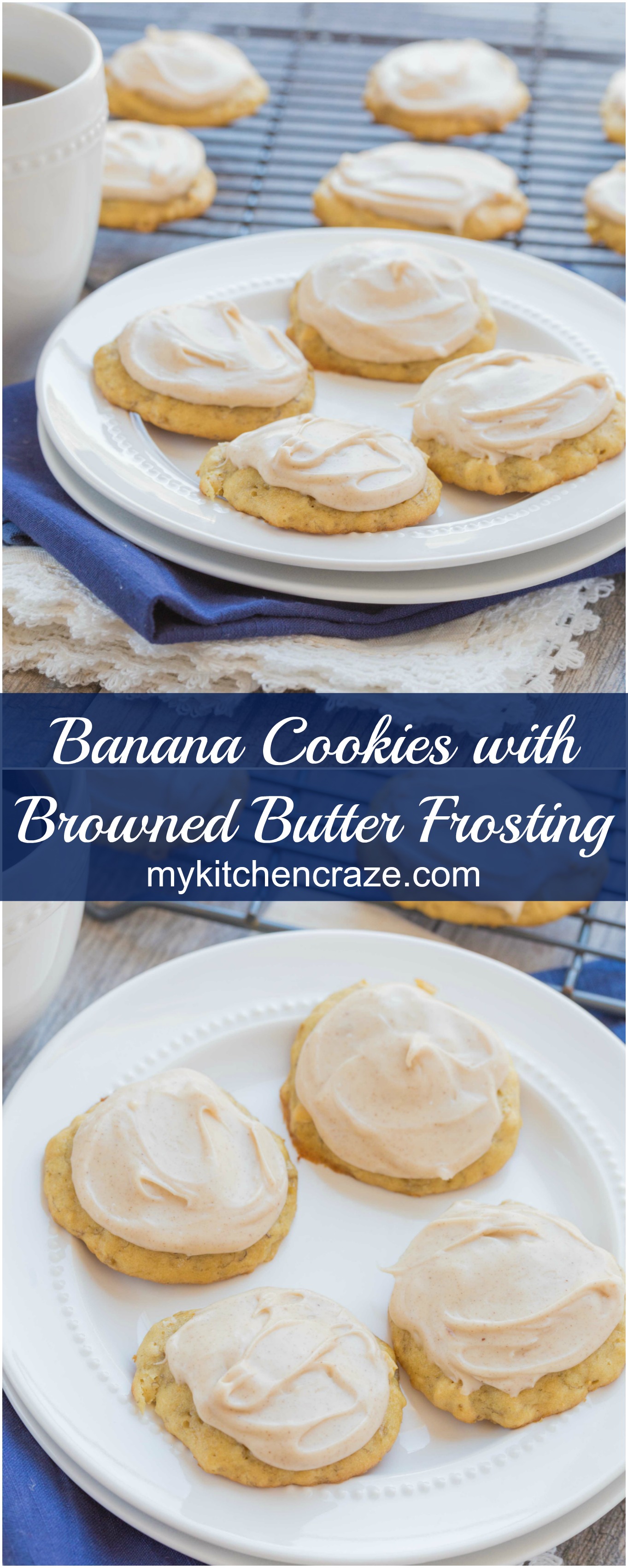 Banana Cookies with Browned Butter Frosting ~ mykitchencraze.com ~ Use up those browned bananas with this easy and delicious Banana Cookie recipe. Top them with a creamy and yummy Browned Butter Frosting. Everyone will love these cookies!