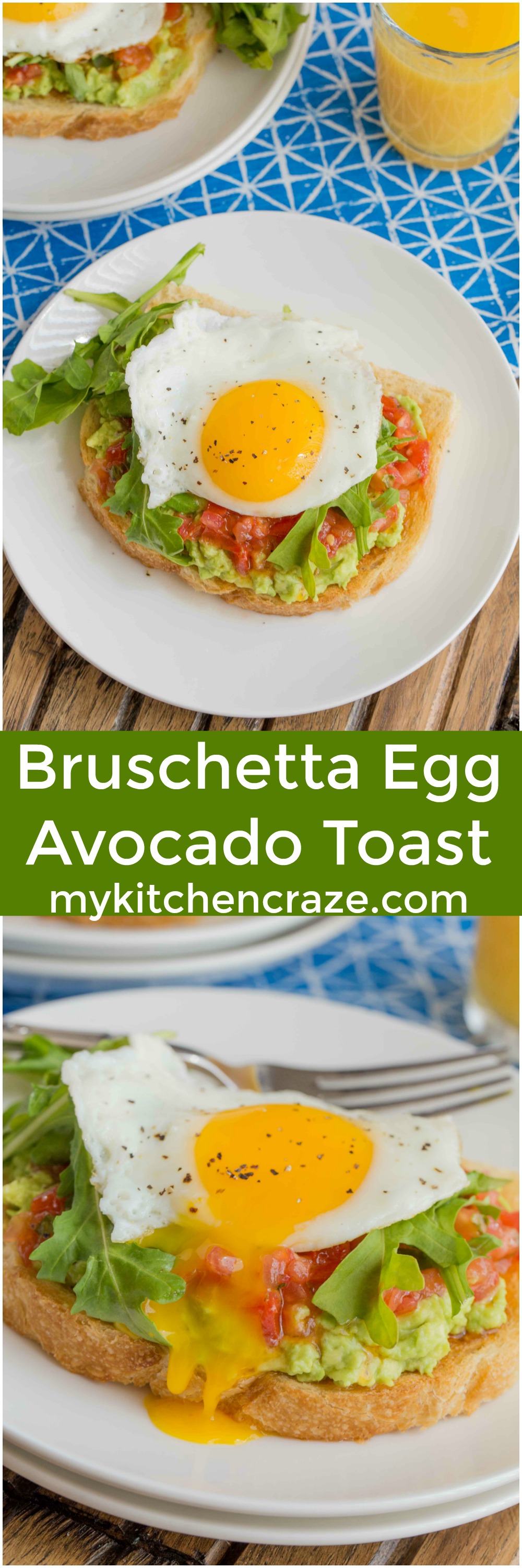 Bruschetta Egg Avocado Toast ~ mykitchencraze.com ~ Sourdough toast loaded with avocado, bruschetta and arugula, then topped with an egg. Perfect way to start your morning!