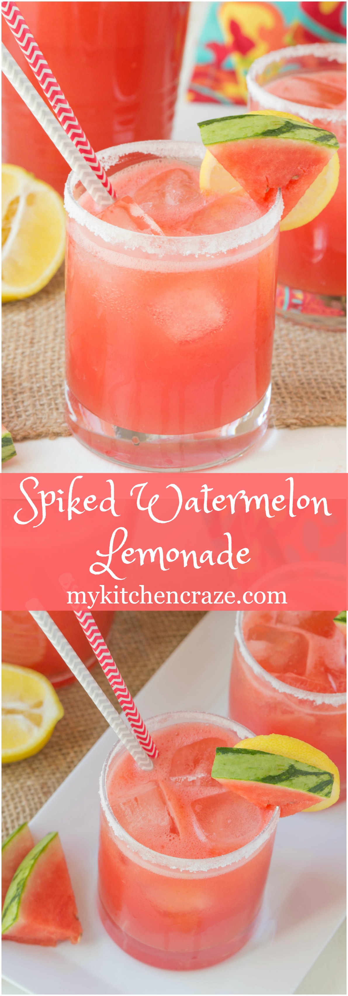 Spiked Watermelon Lemonade ~ mykitchencraze.com ~ This drink is a delicious blend of watermelon, frozen lemonade and vodka. This is one adult drink you won't want to pass up this summer!