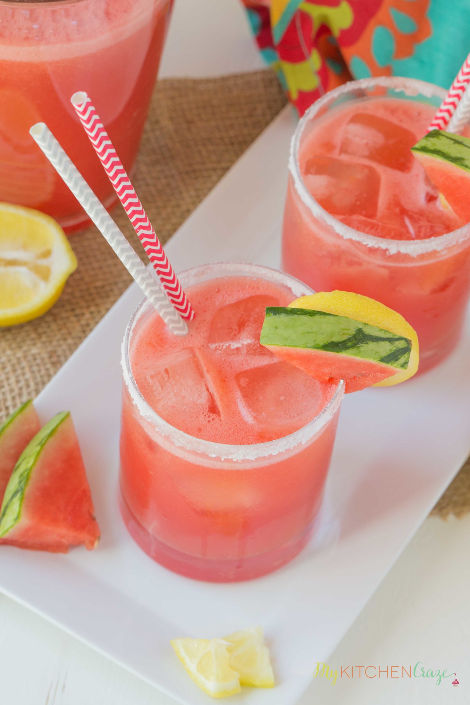 Spiked Watermelon Lemonade ~ mykitchencraze.com ~ This drink is a delicious blend of watermelon, frozen lemonade and vodka. This is one adult drink you won't want to pass up this summer!