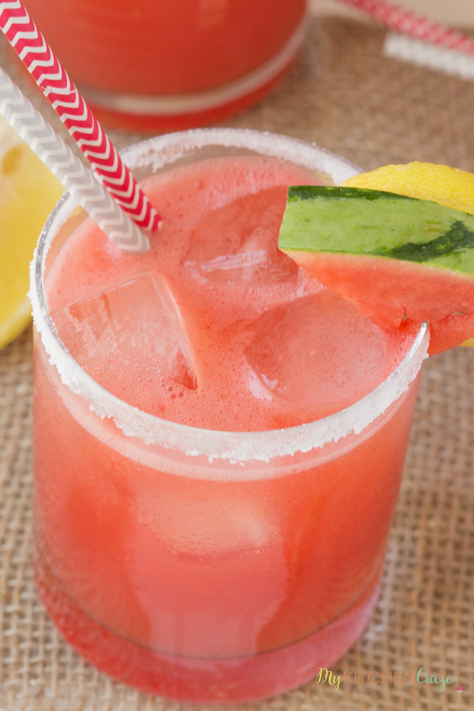 Spiked Watermelon Lemonade ~ mykitchencraze.com ~ This drink is a delicious blend of watermelon, frozen lemonade and vodka. This is one adult drink you won't want to pass up this summer!