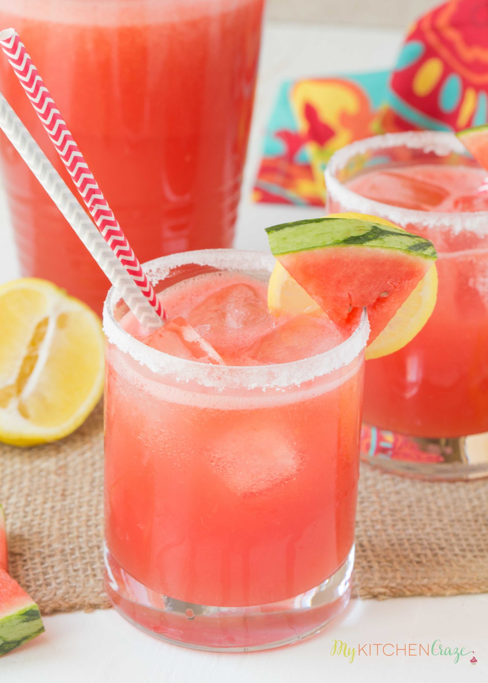 Spiked Watermelon Lemonade ~ mykitchencraze.com ~ This drink is a delicious blend of watermelon, frozen lemonade and vodka. This is one adult drink you won't want to pass up this summer!